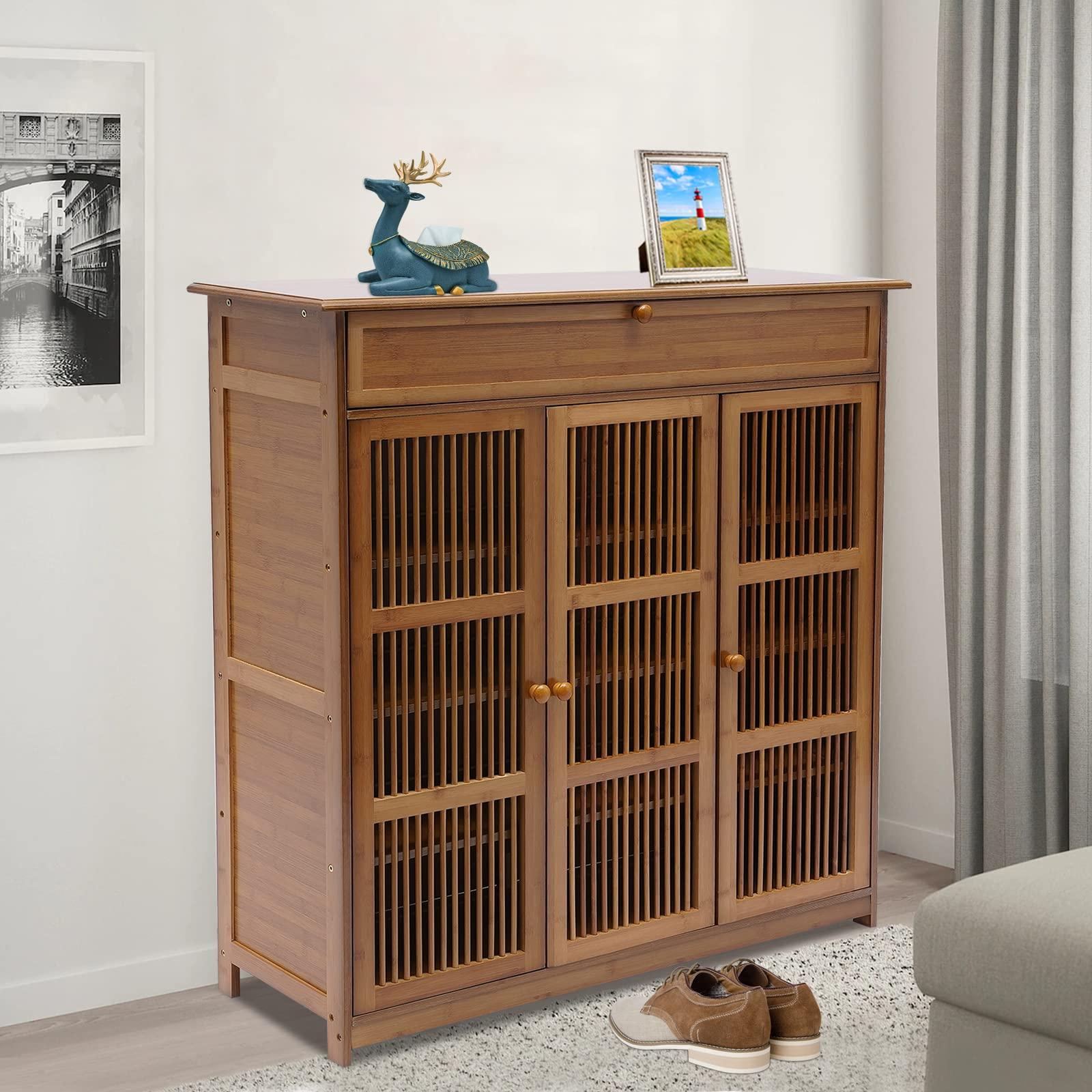 GUDBYWXB 39" Bamboo Shoe Cabinet with Drawer 3-Doors Shoe Cabinet High Heels Storage Rack, for Bathroom, Living Room, Kitchen, Entrance, Etc - Image 6
