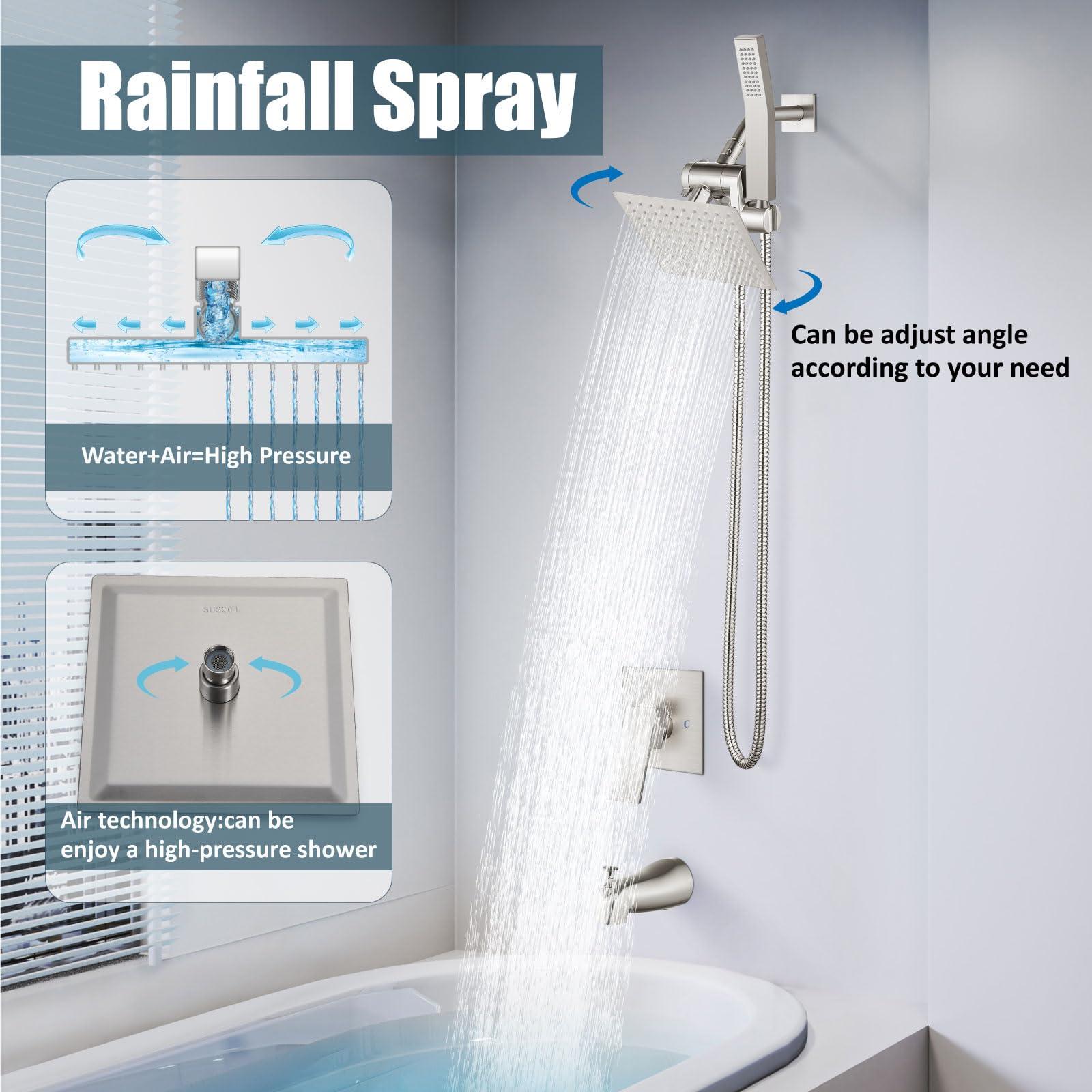 Aolemi Shower Tub Faucet Set with Handheld Spray Shower System Single Shower Rainfall Head and Handle with Tub Spout Combo Rough-in Valve Included Shower Trim Kit 6 Inch Shower Head, Brushed Nickel - Image 4