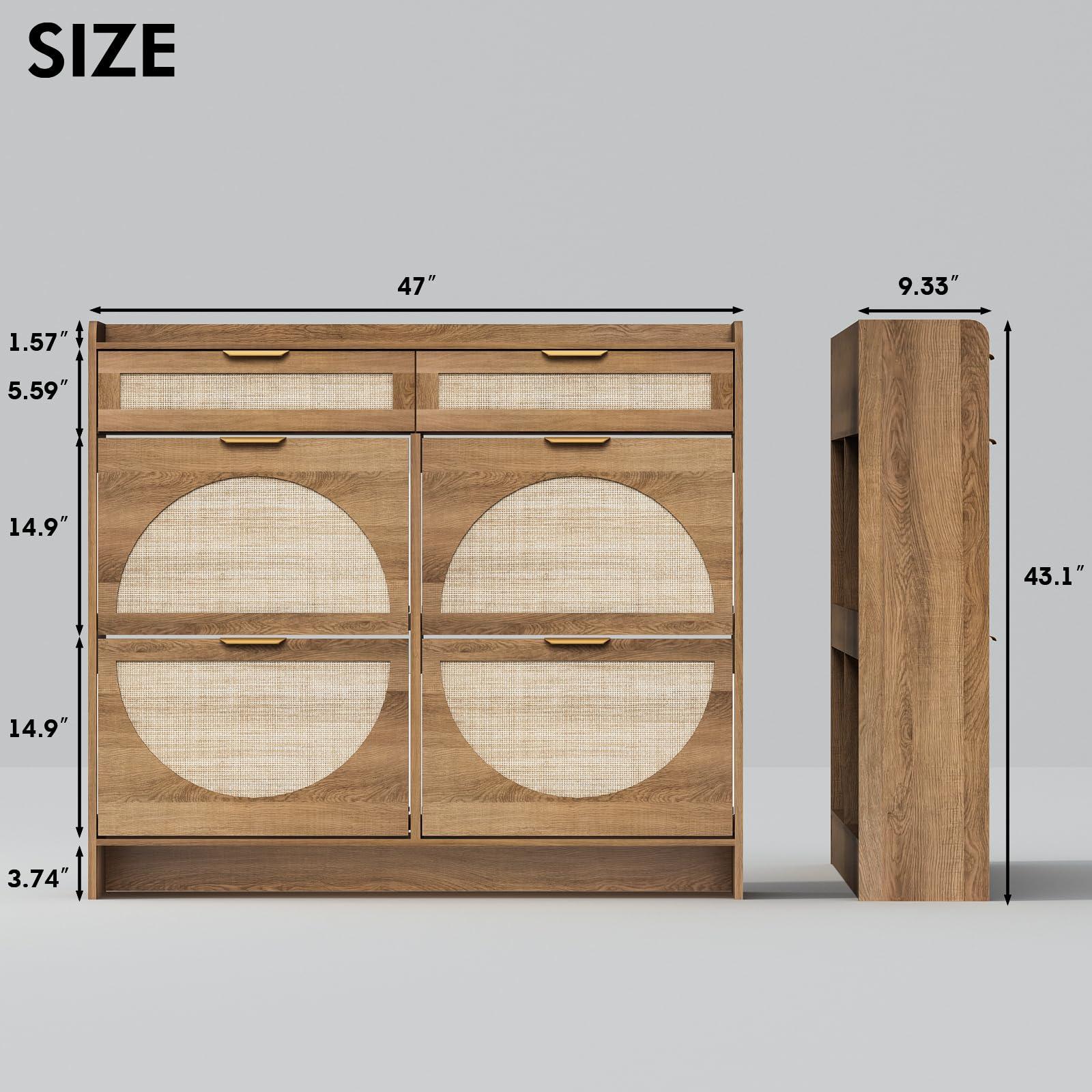 WINWY Rattan Shoe Storage Cabinet with 4 Flip Drawers & 2 Drawers, Freestanding Organizer for Front Door Entrance, Hidden Narrow Shoe Rack Cabinet Storage for Entryway, Rustic Oak Rattan - Image 2