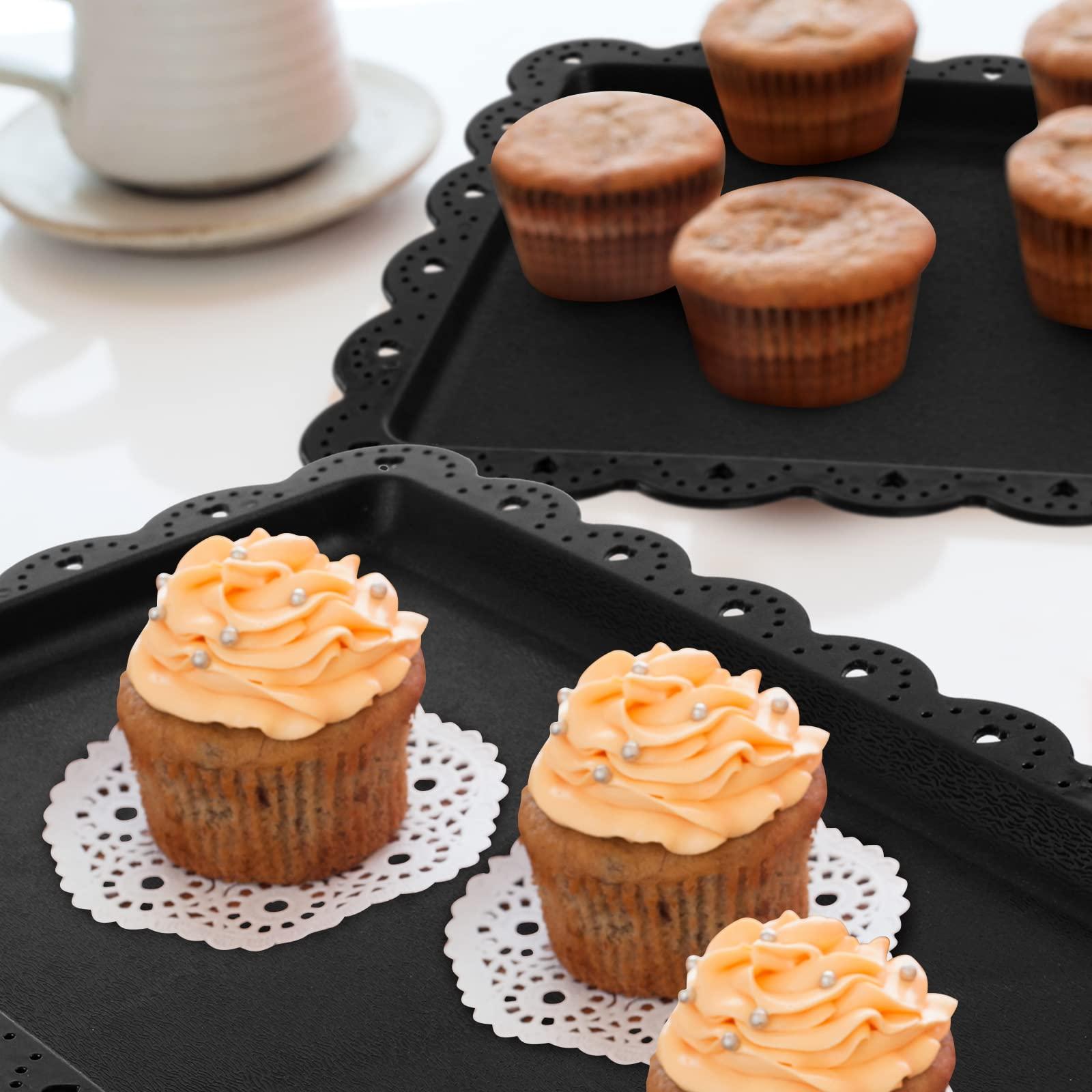 9 Pcs Black Cupcake Display Set Includes 6 Rectangle Cupcake Stand and 3 Pcs Round 3-Tier Serving Tray Dessert Stand for Wedding Birthday Party Baby Shower(Flower Style) - Image 7