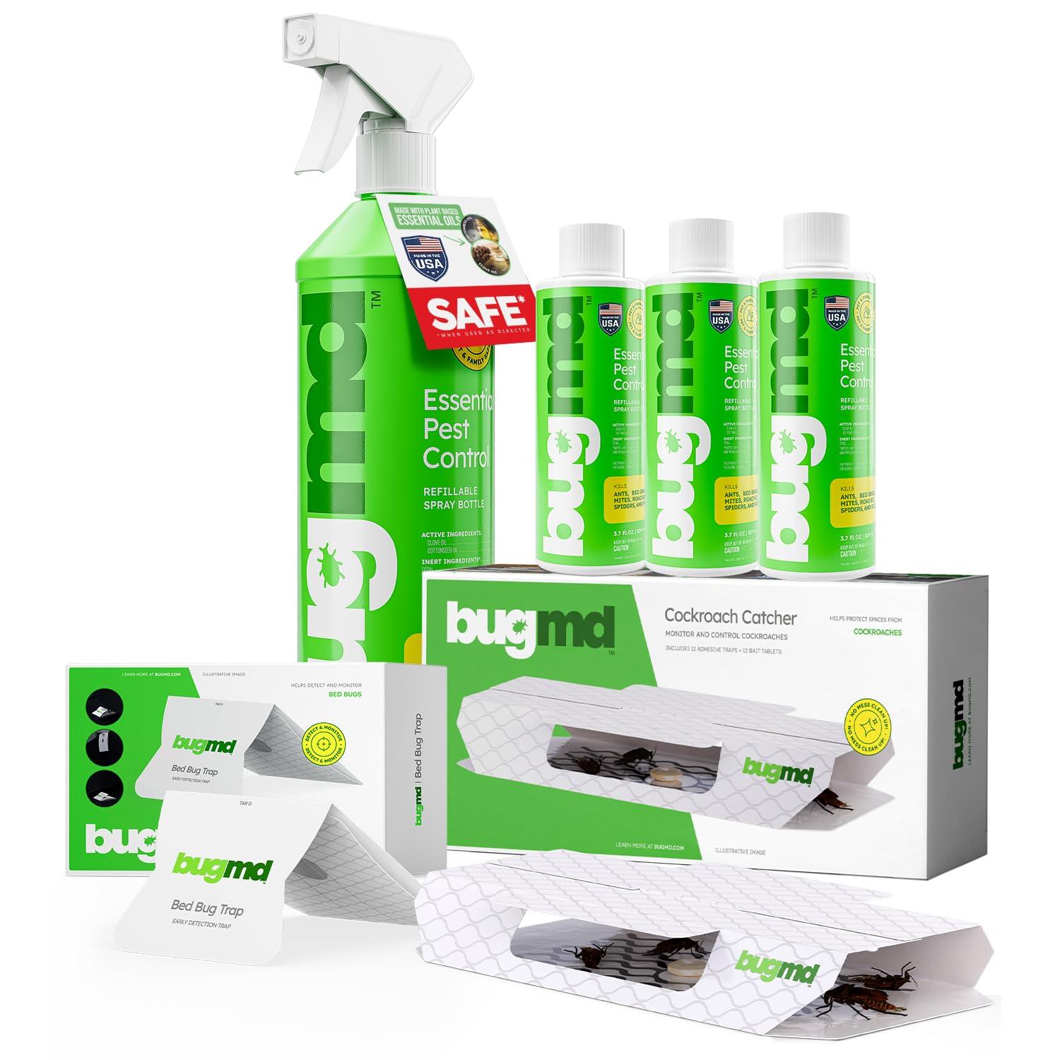 BugMD Essential Pest Control Concentrate (3 Pack) with Spray Bottle 32 oz, BugMD Cockroach Catcher (1 Pack) and BugMD Bed Bug Trap (1 Pack) Bundle