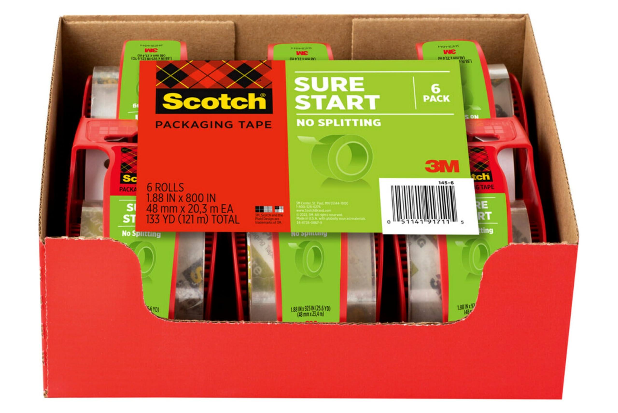 Scotch Sure Start Shipping Packaging Tape, 1.88" x 22.2 yd, Designed for Packing, Shipping and Mailing, Quiet Unwind, No Splitting or Tearing, 1.5" Core, Clear, 6 Dispensered Rolls (145-6) - Image 3