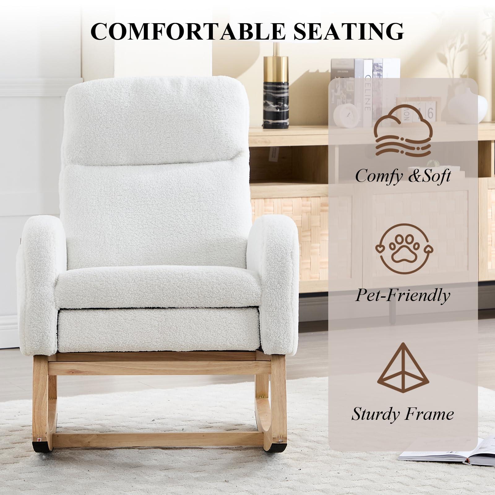 NIOIIKIT Oversized Nursery Rocking Chair, Teddy Upholstered Glider Chair with Footrest, Large Glider Rocker with Side Pocket, Rocking Accent Chair, Glider Recliner for Living Room (White Teddy) - Image 6