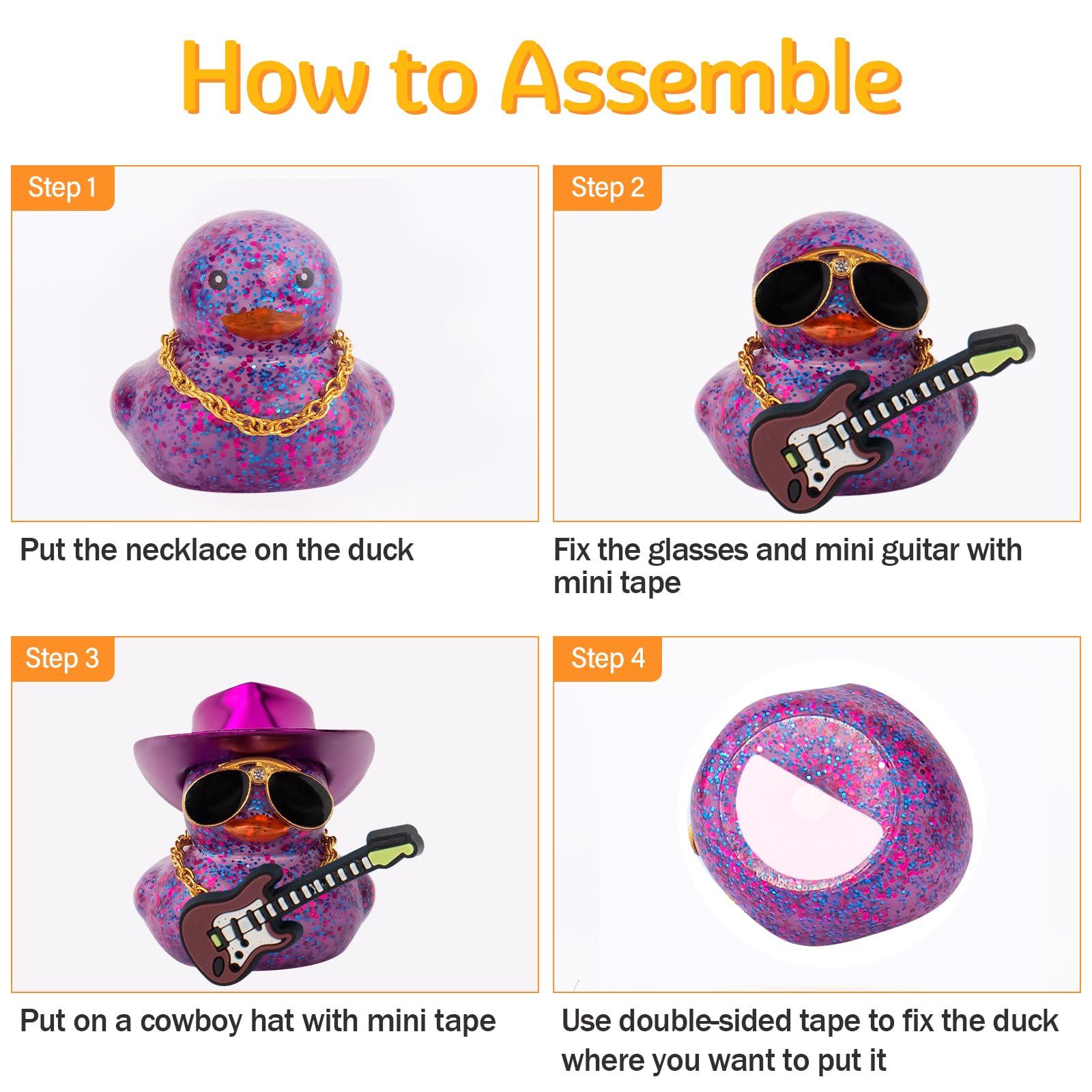 wonuu Car Decorations Laser Cowboy Hat Rubber Ducks, Dashboard Rubber Ducky for Car Ornament Cute Duck with Hat, Glasses, Necklace, Guitar (Glitter Purple) - Image 5