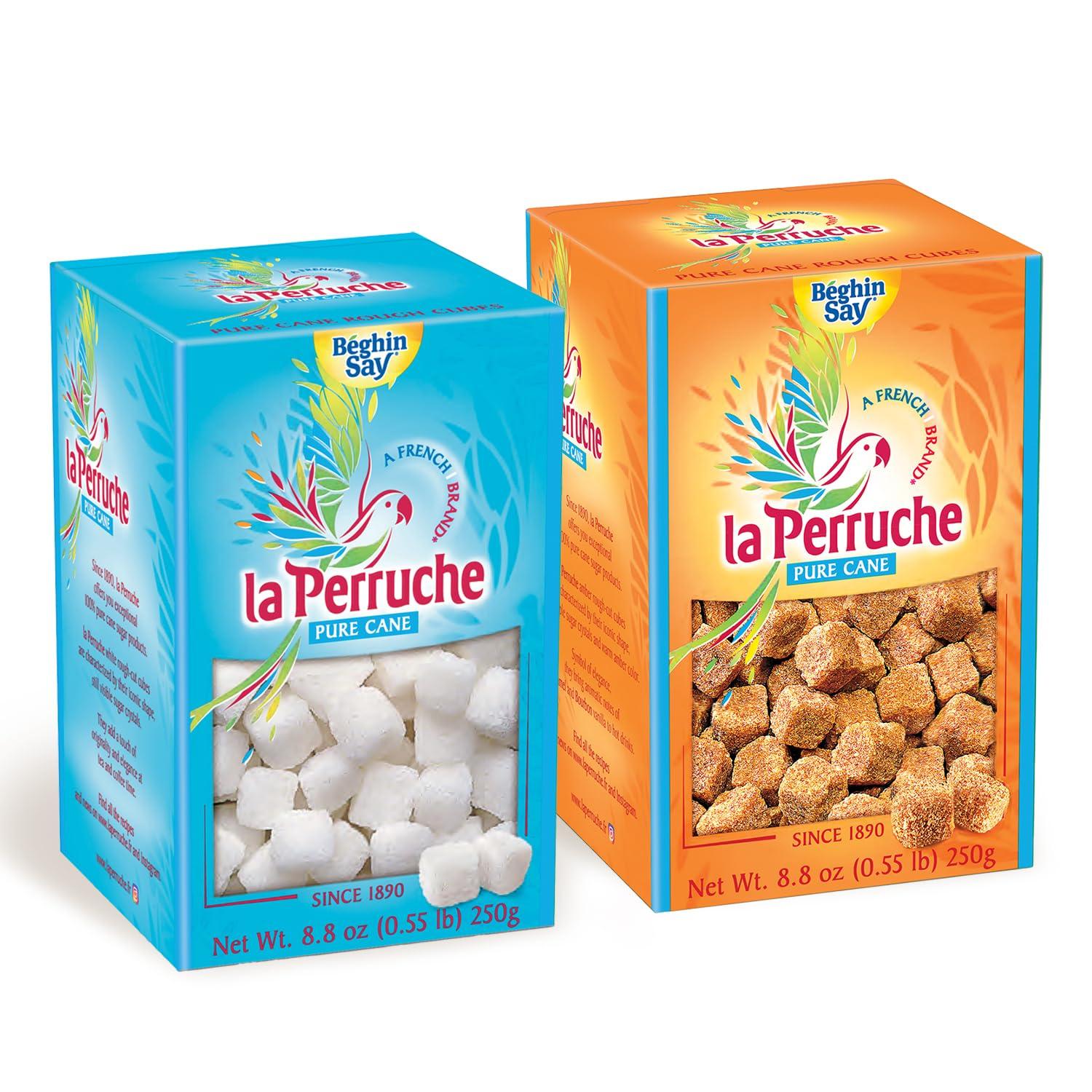 La Perruche Pure Cane Sugar Cubes (250g/8.8oz box) | Combo Pack, 1 box white, 1 box brown sugar cubes | Ideal Sugar Cubes for Coffees and Teas | Pack of 2