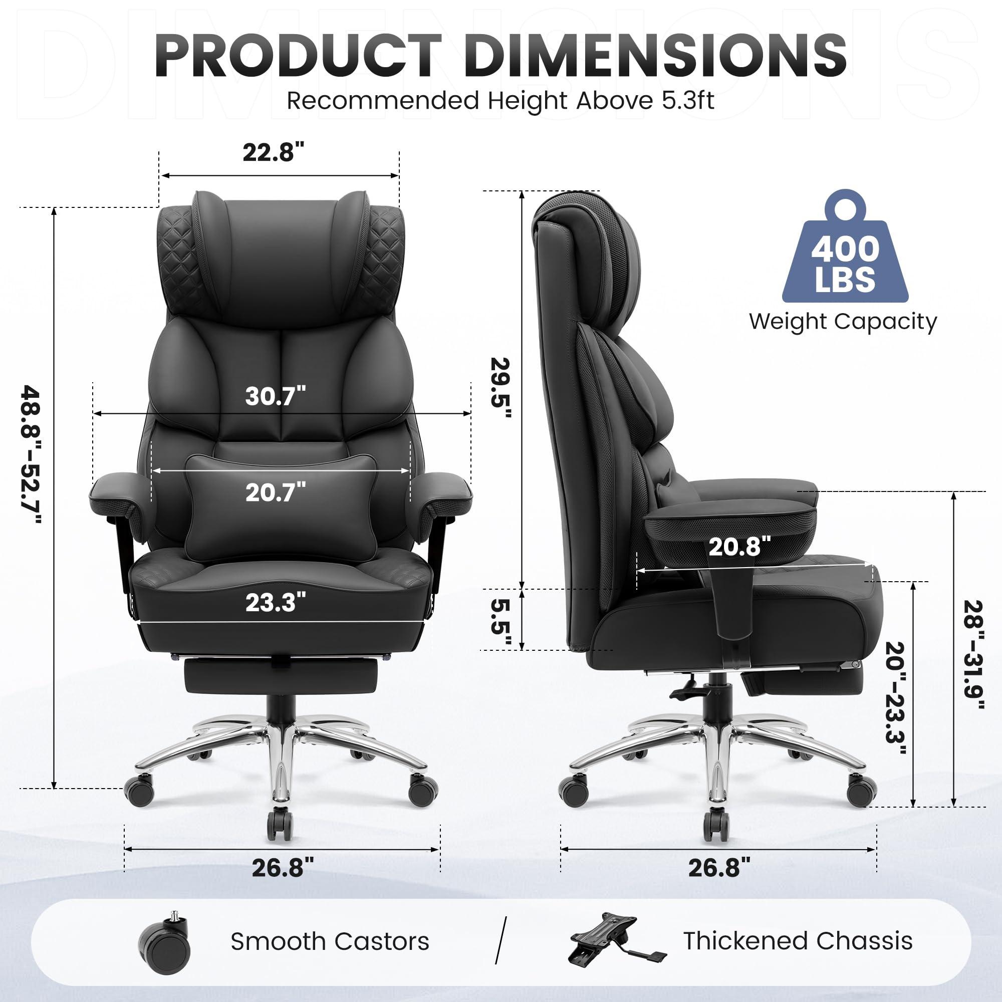 BestGlory Office Desk Chair, Big and Tall Leather Gaming Chair with Footrest, Wide Ergonomic Comfy Executive High-Back Reclining Computer Chairs, Swivel Rolling Wheels and Padded Lumbar Support, Black - Image 2