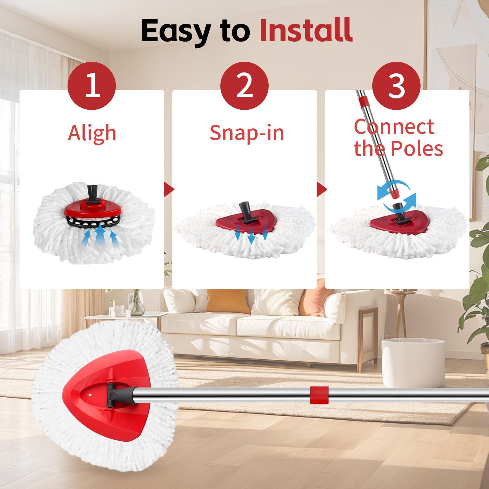ANREKEYH Spin Mop Head, Base, Handle Replacement for O-Ceda EasyWring Microfiber Spin Mop, 2 Microfiber Mop Refills, 1 Triangle Mops Head Cover and 30-58in Mop Handle Set Combo (White(1 Tank System)) - Image 7