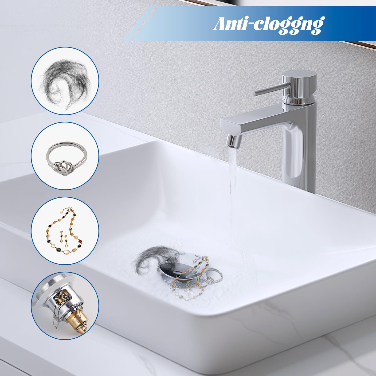Hibbent All Metal 2 in 1 Bathroom Sink Stopper, Universal Pop Up Drain Strainer, Brass Bullet Core Push Type Sink Stopper for 1.1''~2.3'' Basin, Big Push Button, Anti Clogging Drain Filter, Chrome - Image 5