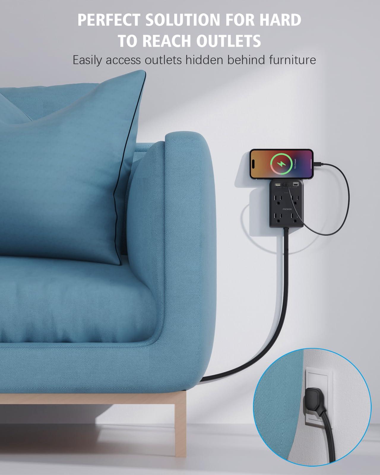 Flat Electrical Outlet Extender with USB C Ports, 4 Outlet 3 USB Wall Plug, 6 ft Ultra Thin Extension Cord, Flat Plug Power Strip Surge Protector for Home, Office. Black - Image 7
