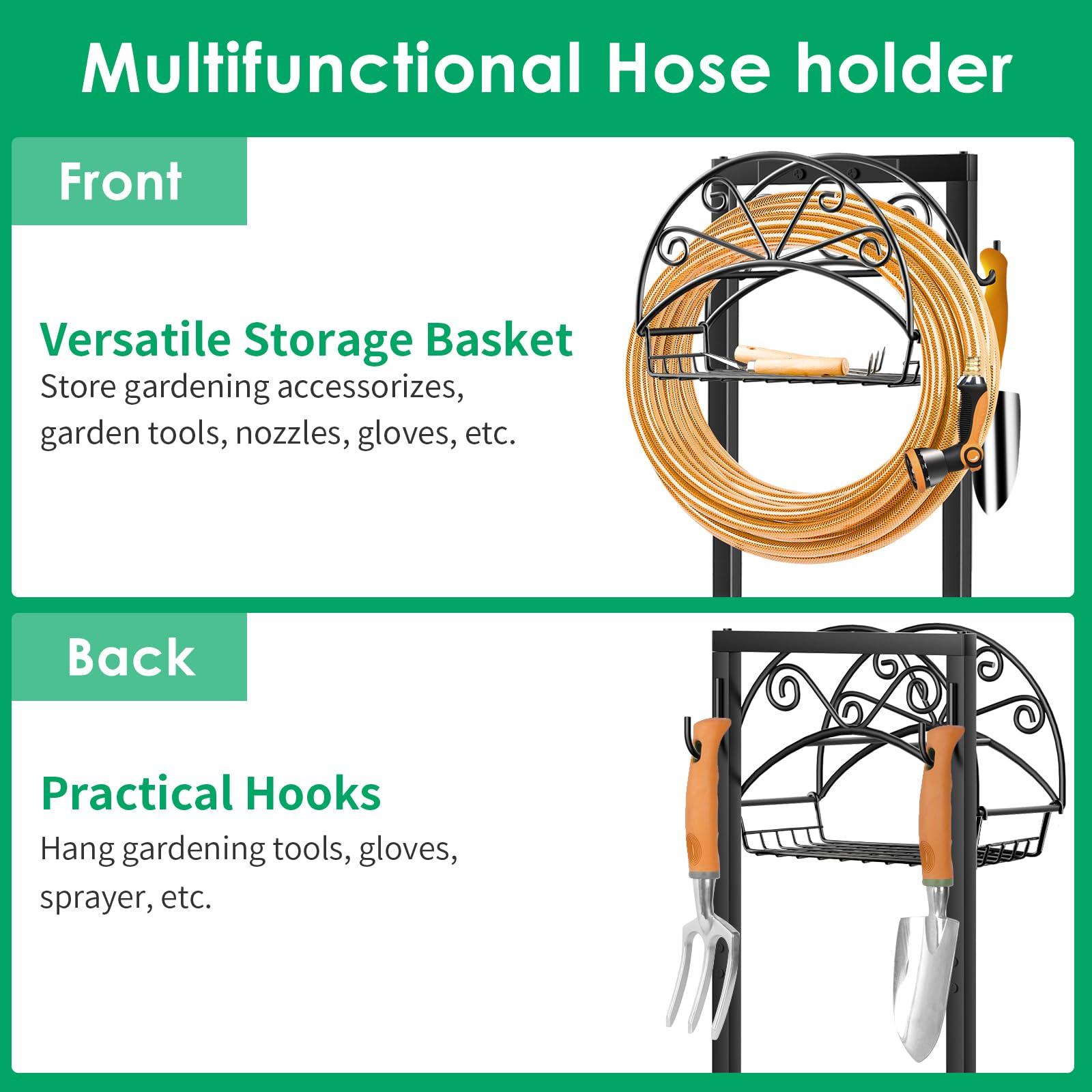 TomCare Garden Hose Holder Upgraded Water Hose Holder with Storage Basket 2 Tool Hooks Heavy Duty 4 Spikes Hose Hanger Holds 160ft Hoses Freestanding Hoses Storage Organizer for Outside Yard - Image 3