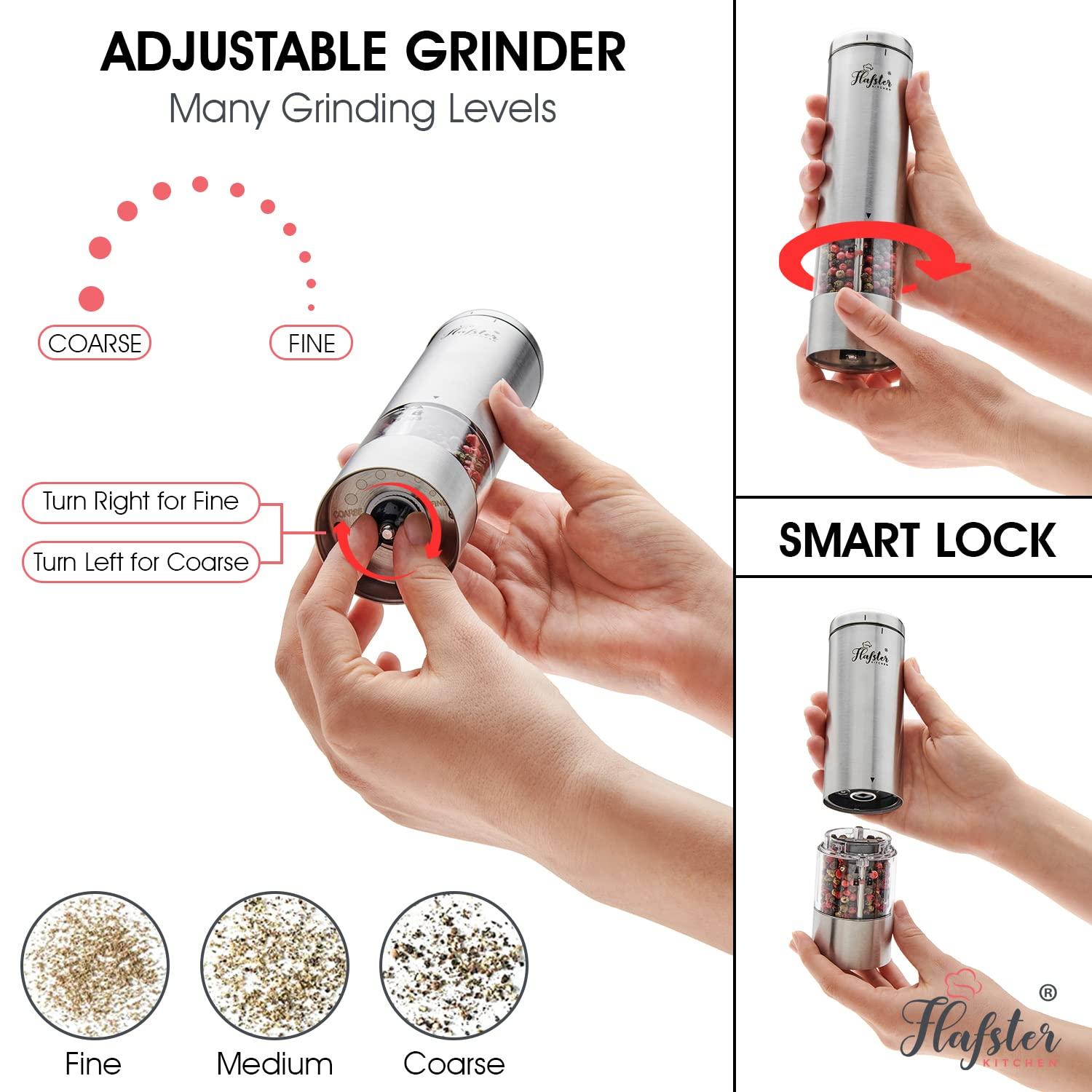 Premium Electric Salt and Pepper Grinder Set with Adjustable Coarseness, Battery-Operated Stainless Steel Design, One-Hand Operation, LED Light, and Spill-Proof Base – Ideal for Kitchen and Dining​ - Image 3