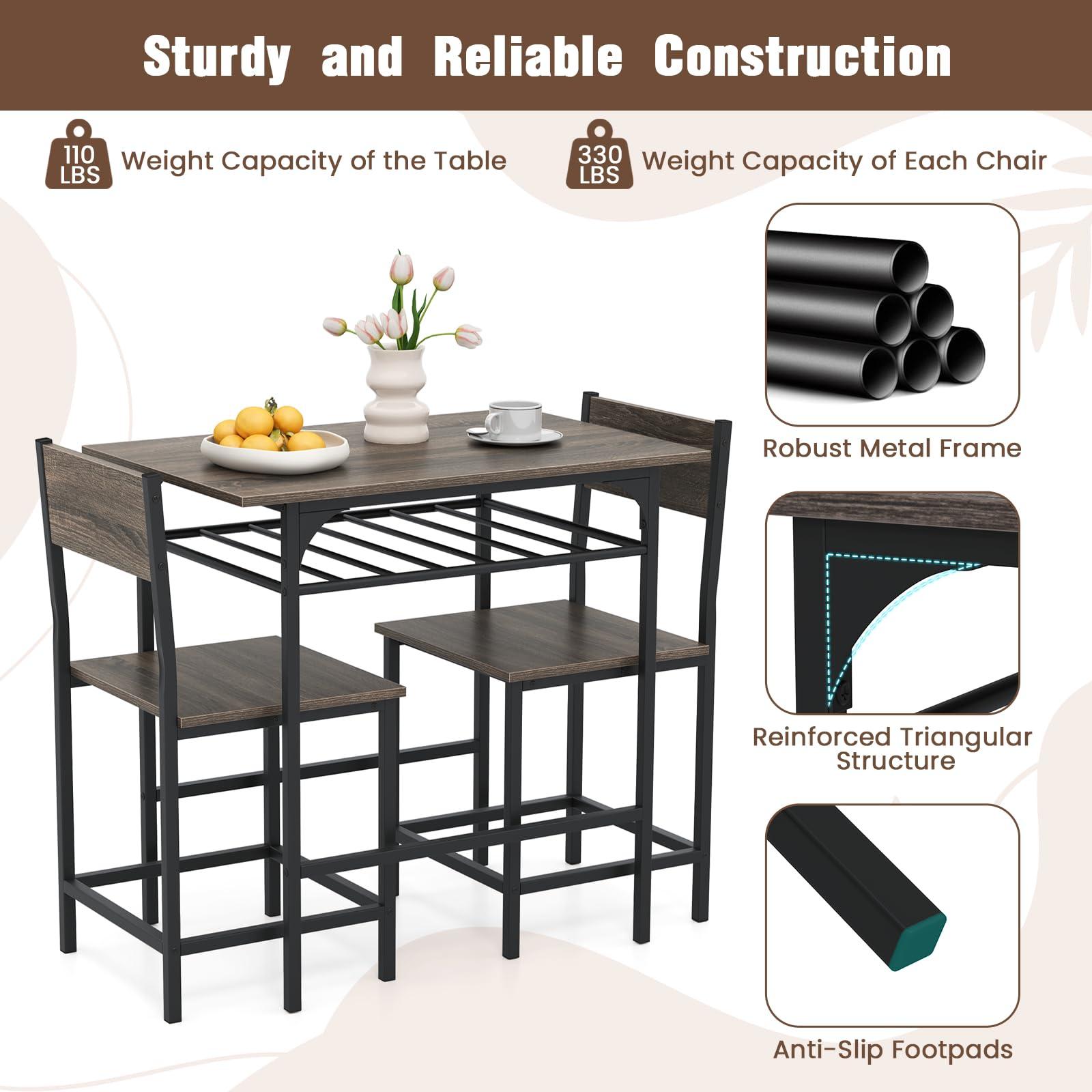GOFLAME 3-Piece Dining Table Set for 2, Rectangular Wood Kitchen Table & Chair Set with Metal Frame, Storage Rack, Space-Saving Dinette Set for Breakfast Nook, Dining Room, Small Space, Grey - Image 5