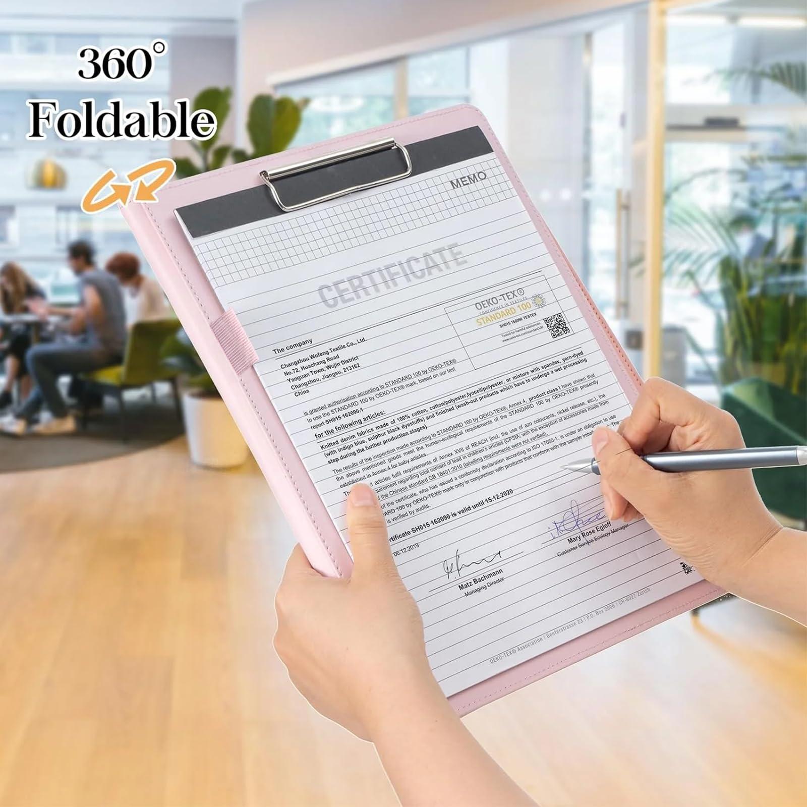 Portfolio Folder Padfolio with A4 Clipboard, PU Leather Portfolio Clipboard Business Binder Writing Clip Board Organizer for Legal Documents Business Card Men Women Pink - Image 2