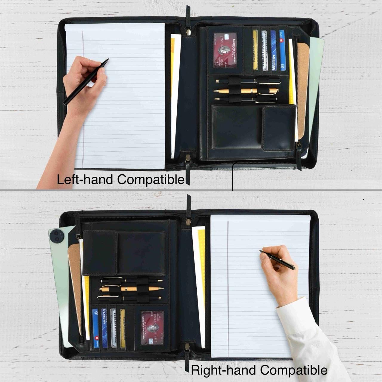 Leather Portfolio for Men, Portfolio Organizer with Zipper for Men Women, Leather Padfolio Business Resume Legal Pad Portfolio Notebook Binder for A4/Pad, Leather Folio Leather Folder (Black) - Image 4