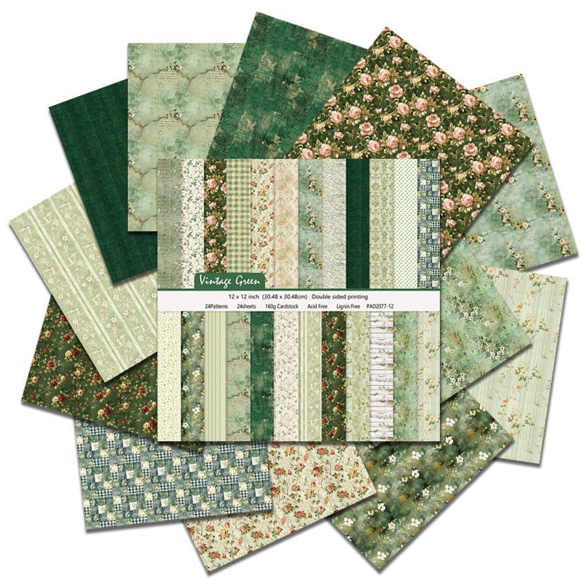 Kauzon 24 Sheets Scrapbook Paper Vintage Green Floral Pattern Double Sided Printing Craft Paper for DIY Card Making Scrapbook Wedding Photo Album Home Décor-12 x 12 Inches