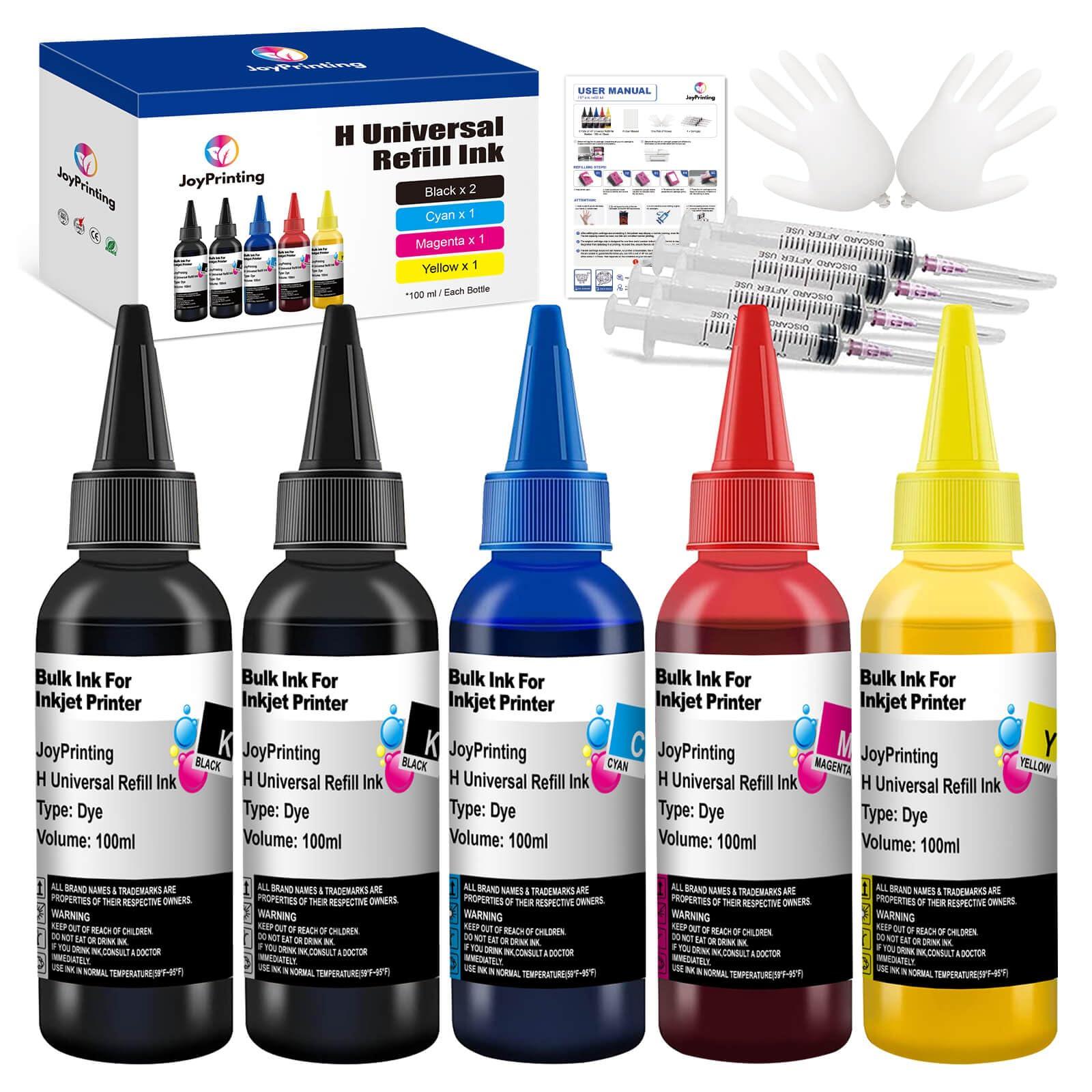 JoyPrinting Ink Refill Kit for HP Printer Cartridges HP 67 67XL 60 61 62 63 65 65XL 910 950 951 952 962 932 933 920 901 902 Refillable Ink Cartridges CISS System (100ml, Black, Cyan, Magenta, Yellow)