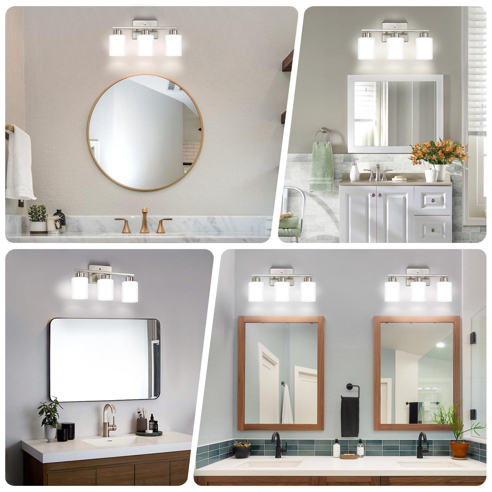 FonmYim Brushed Nickel Bathroom Light Fixtures, 3-Light Modern Vanity Light Over Mirror, Wall Sconces with Milky White Frosted Glass Shades, E26 Socket (Bulbs Not Included) - Image 3