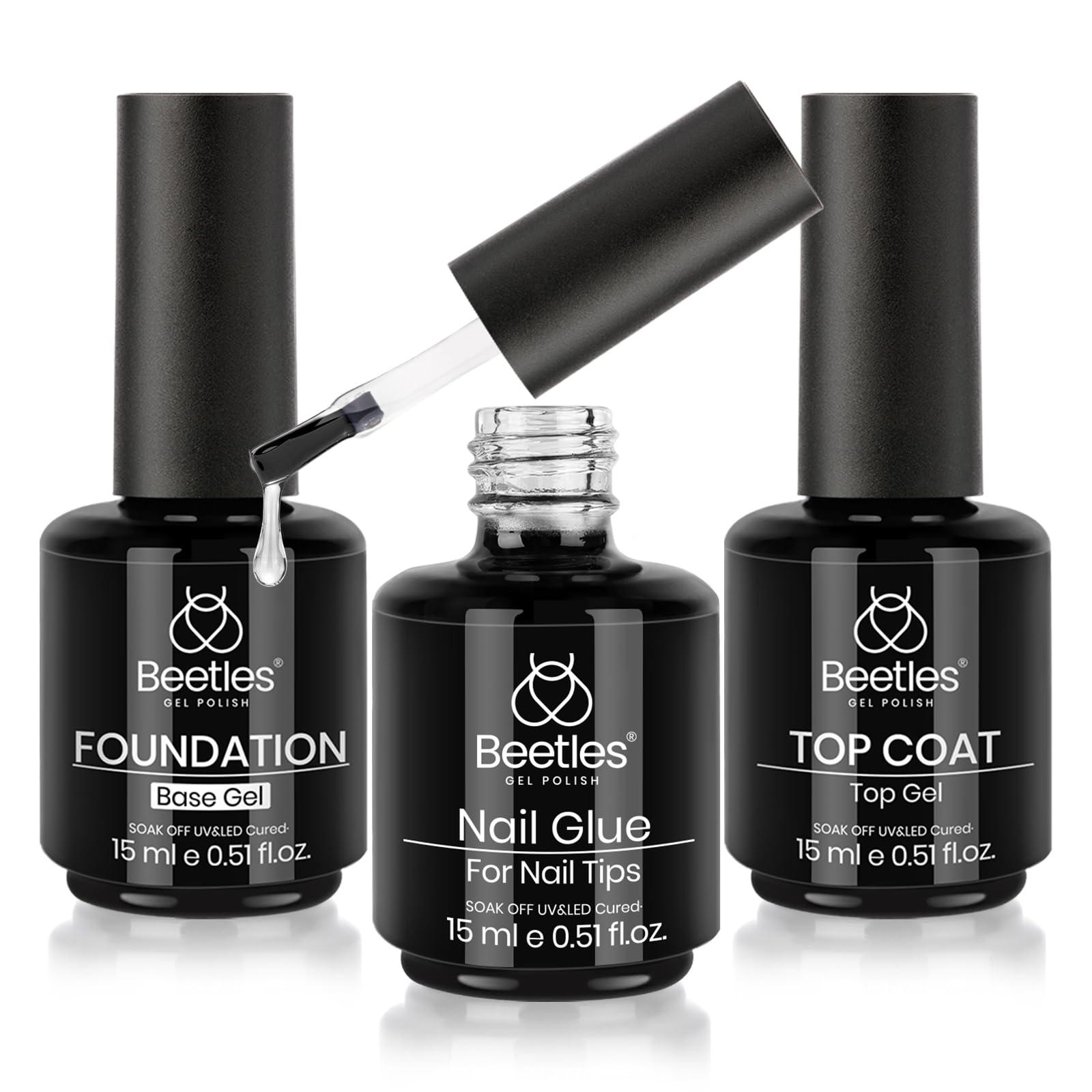 Beetles Top Coat Base Gel & Nail Glue Set-3Pcs No Wipe Top Coat Gel Nail Polish & Base Coat with 9 In 1 Nail Glue Shine Effect Long Lasting Soak Off Uv Light Lamp Diy Gift for Women & Girls