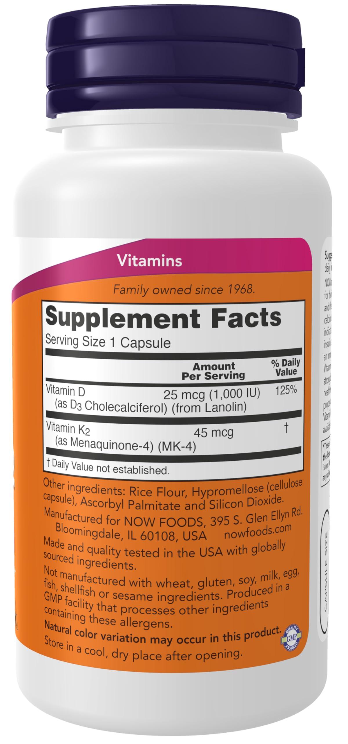 NOW Supplements, Vitamin D-3 & K-2, 1,000 IU/45 mcg,Plus Cardiovascular Support*, Supports Bone Health*, 120 veg Capsules - Image 2