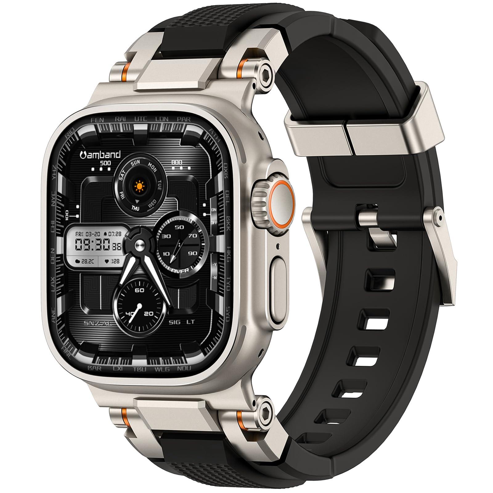amBand Bands Compatible with Apple Watch Ultra 2/1 49mm, M1 Sport Series Rugged Durable Strap with Metal Connector to Match Ultra's Titanium Case for iWatch 49 mm Men Titanium/Black