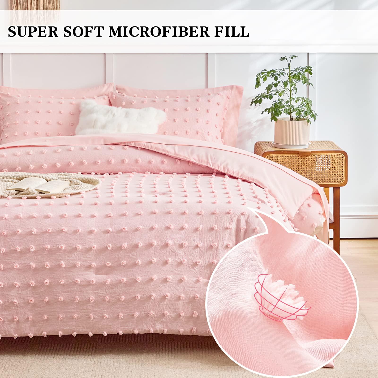 6 Pieces Tufted Dots Bed in a Bag Twin Comforter Set Girls Pink , Soft and Embroidery Shabby Chic Boho Bohemian Comforters, Luxury Solid Color with Pom Pom Design, Jacquard Tufts Bedding Set for Kids - Image 3