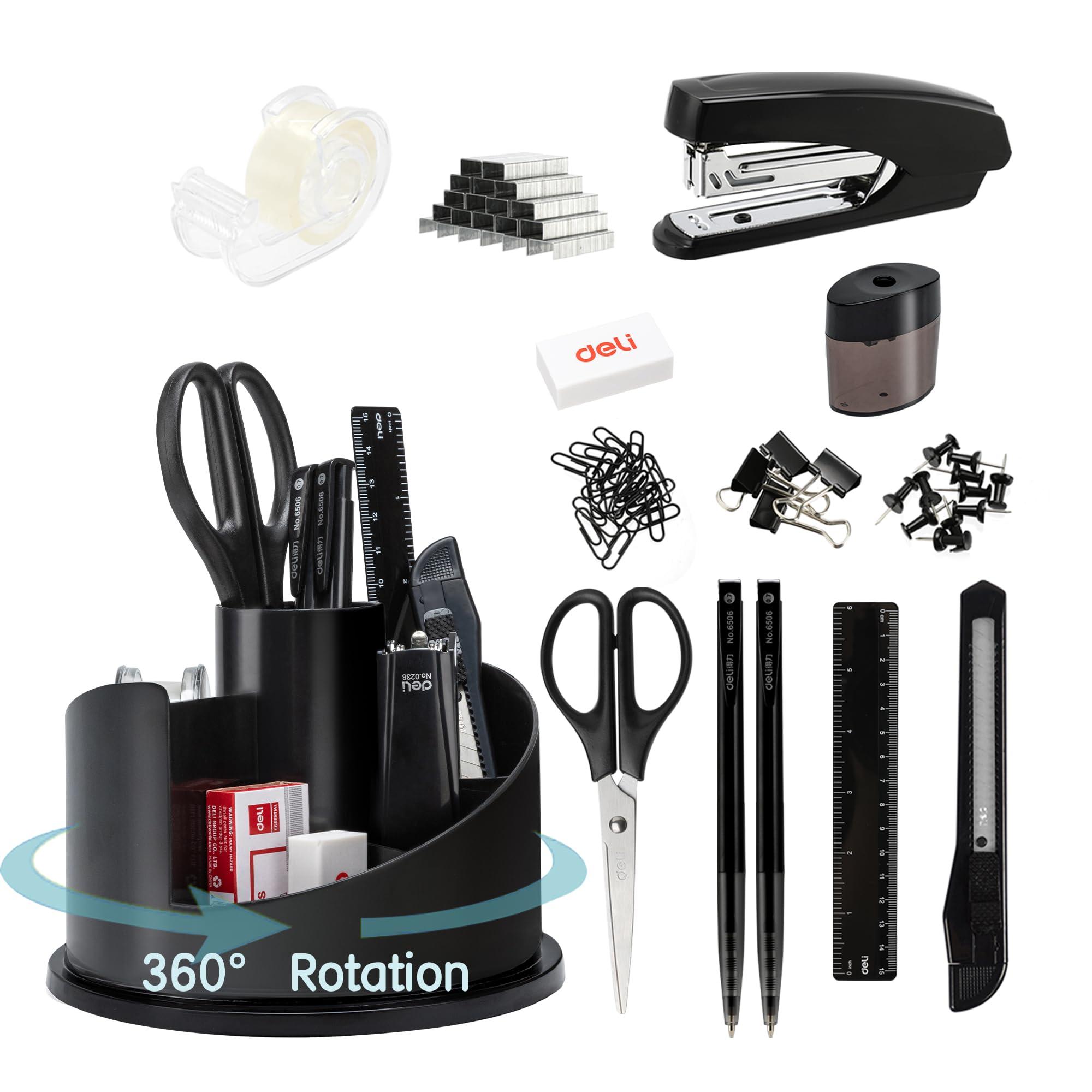 deli Office Supplies Set, 1045 Pcs-Desk Accessory Organizer Kit, Stapler Set, Rotating Multi-Functional Pen Holder, Tape Dispenser, Pens, Binder Clips, Sharpener, Scissor, Eraser, Black