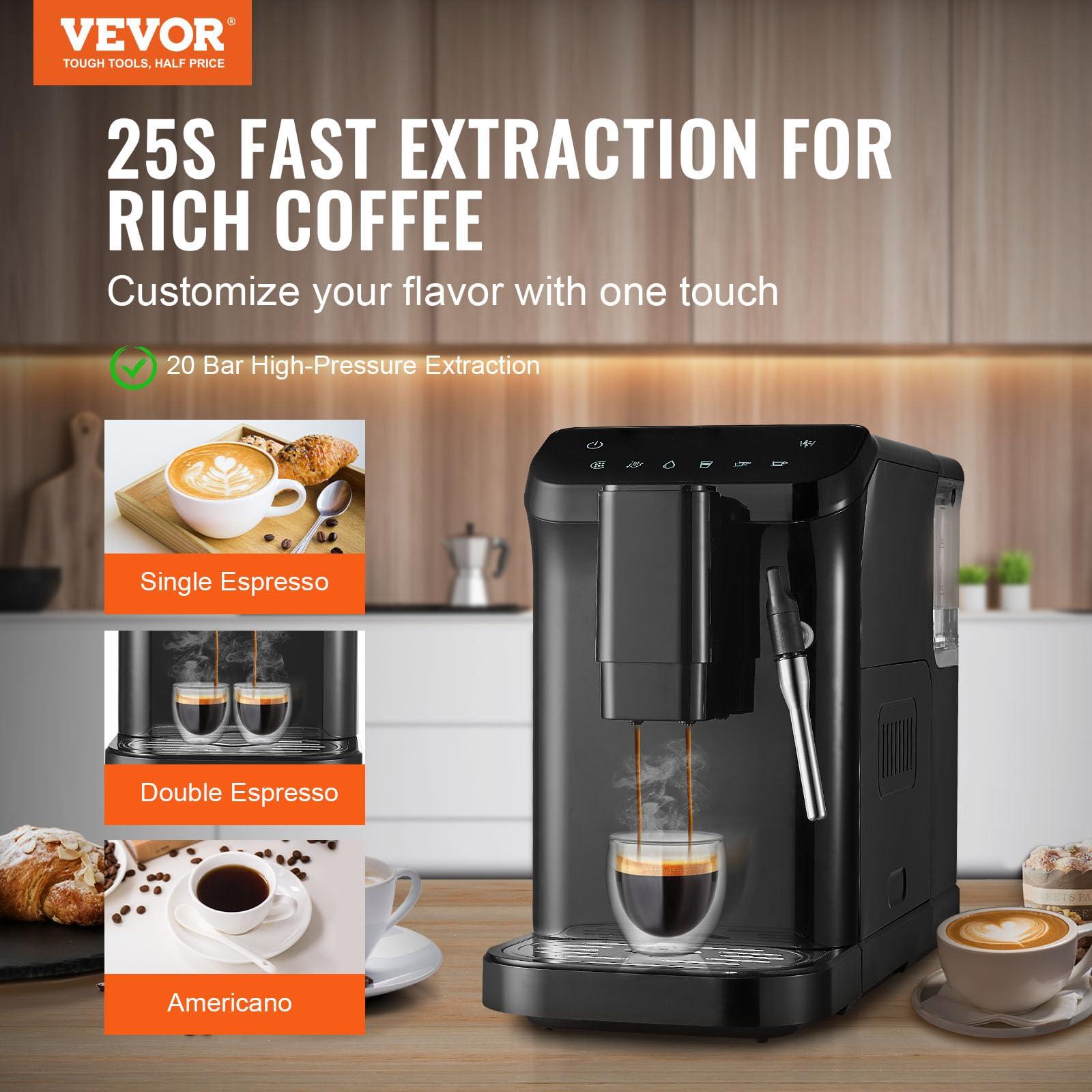 VEVOR Automatic Espresso Machine, 20 Bar Auto Coffee Machine with Frother Steam Wand, Built-In Grinder and 15-Level Grinding Settings, Professional Espresso Coffee Maker with 1.5L Water Tank - Image 4