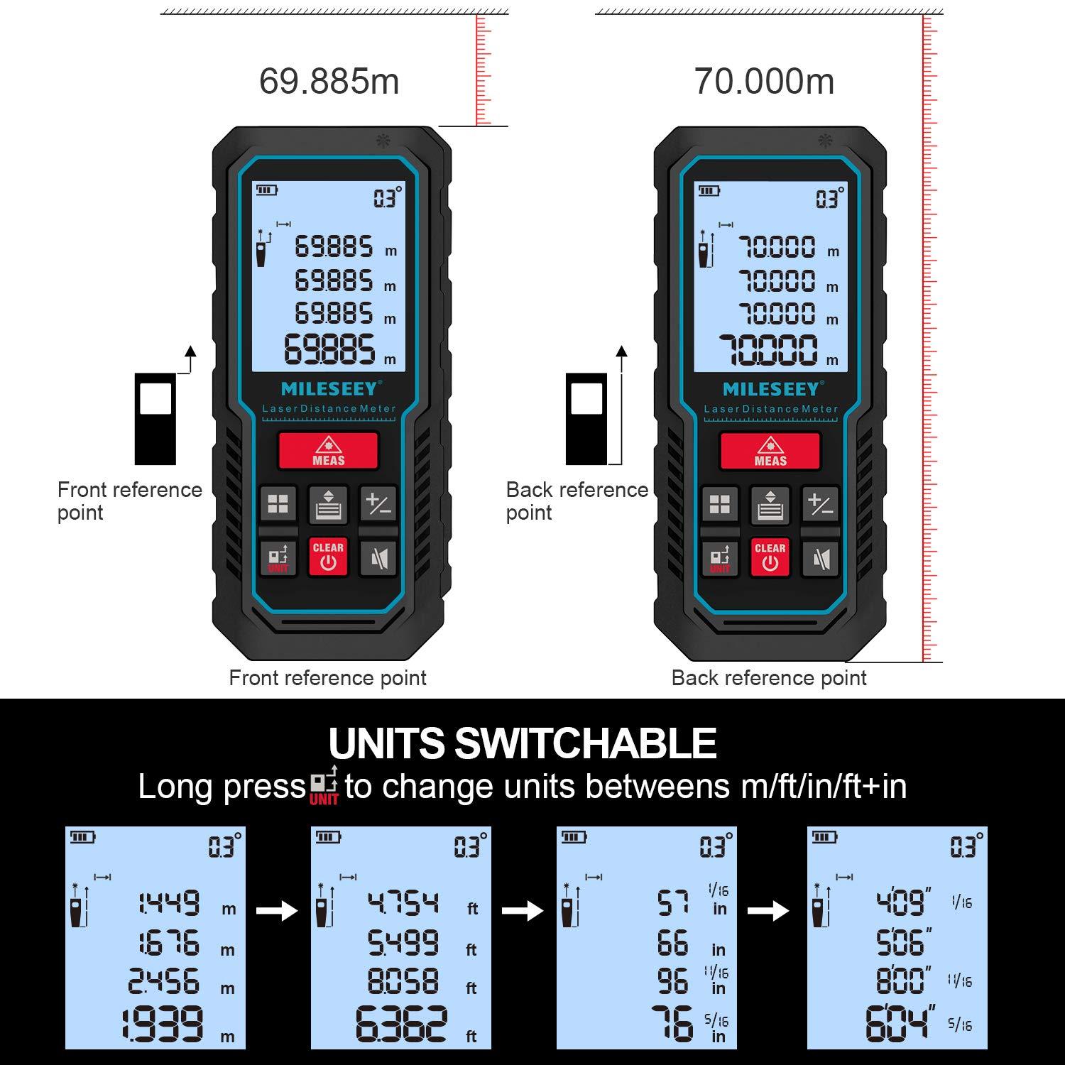 Laser Measure Device, MiLESEEY 393ft Digital Laser Tape Measure with Upgrade Electronic Angle Sensor, 2mm Accuracy, Area Measurement,Volume and Pythagoras, 2" LCD Backlit,Mute, Battery Included - Image 2