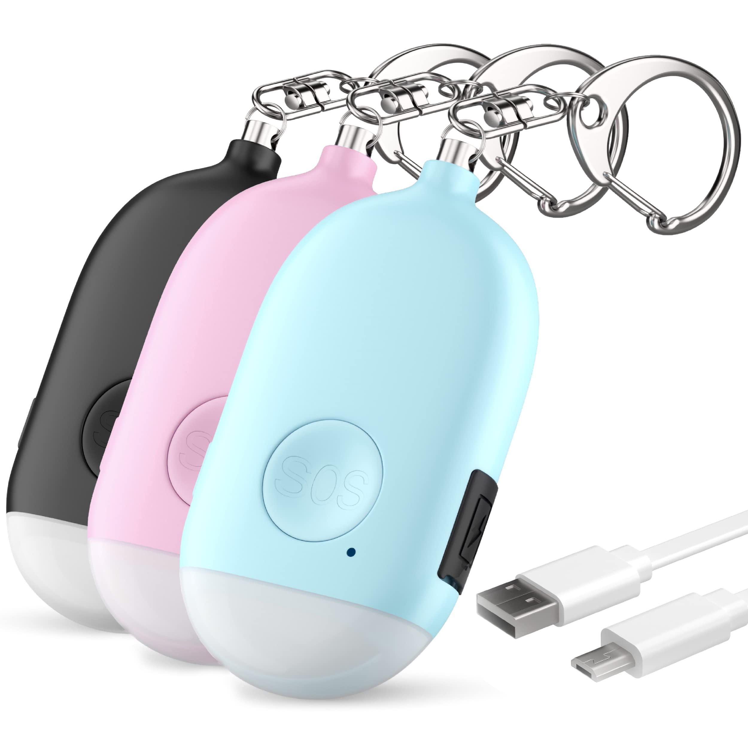 WETEN Personal Safety Alarm for Women – 3 Pack Rechargeable Self Defense Keychain Siren Ring with LED Light – 130 dB Emergency Sos Alert Key Chain Device (Black&Pink&Blue)