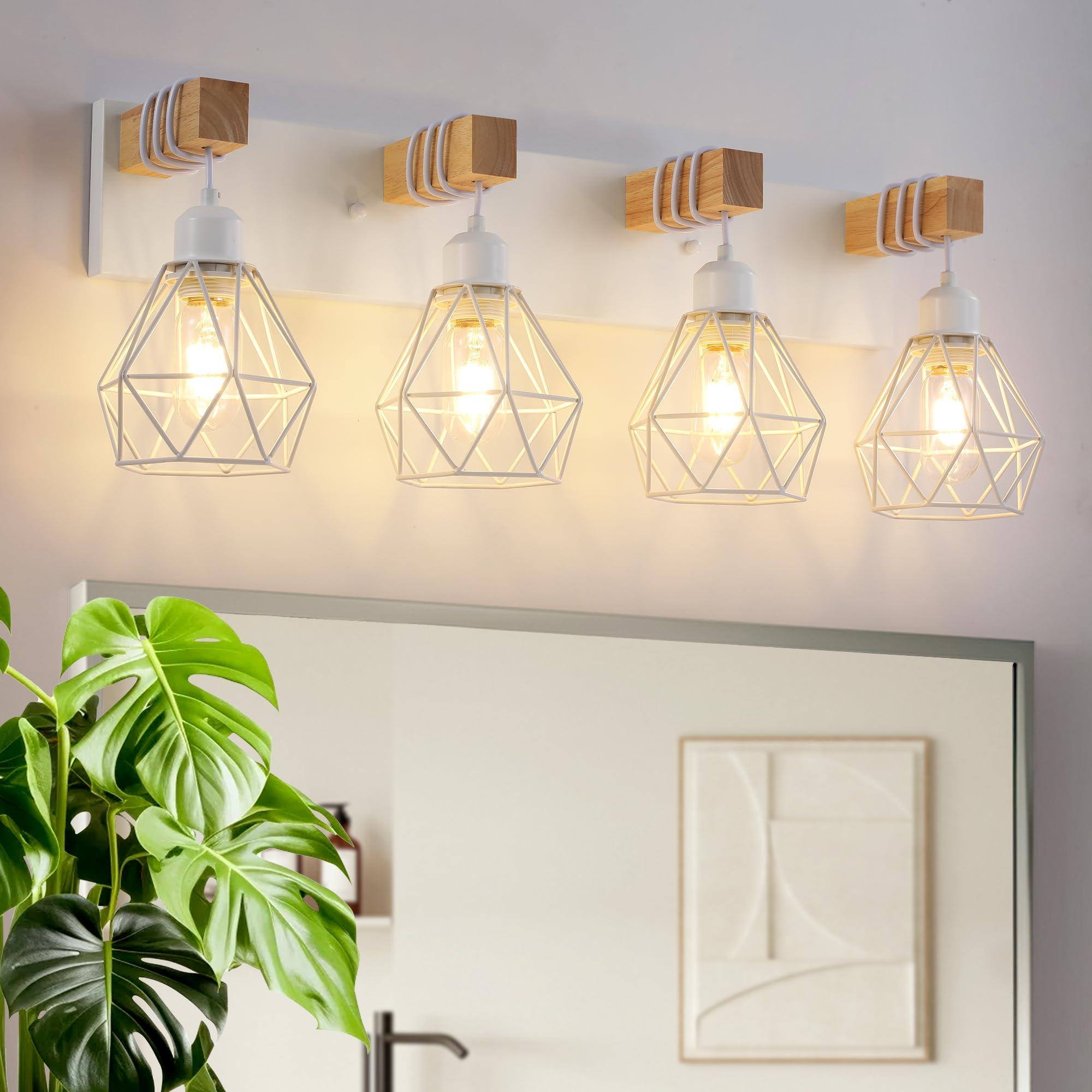 Farmhouse Vanity Light for Bathroom, 4-Light White Wood Bathroom Vanity Light Fixtures Over Mirror, Rustic Sconces Wall Lighting with Metal Lampshade for Living Room, Bedroom, Hallway - Image 2
