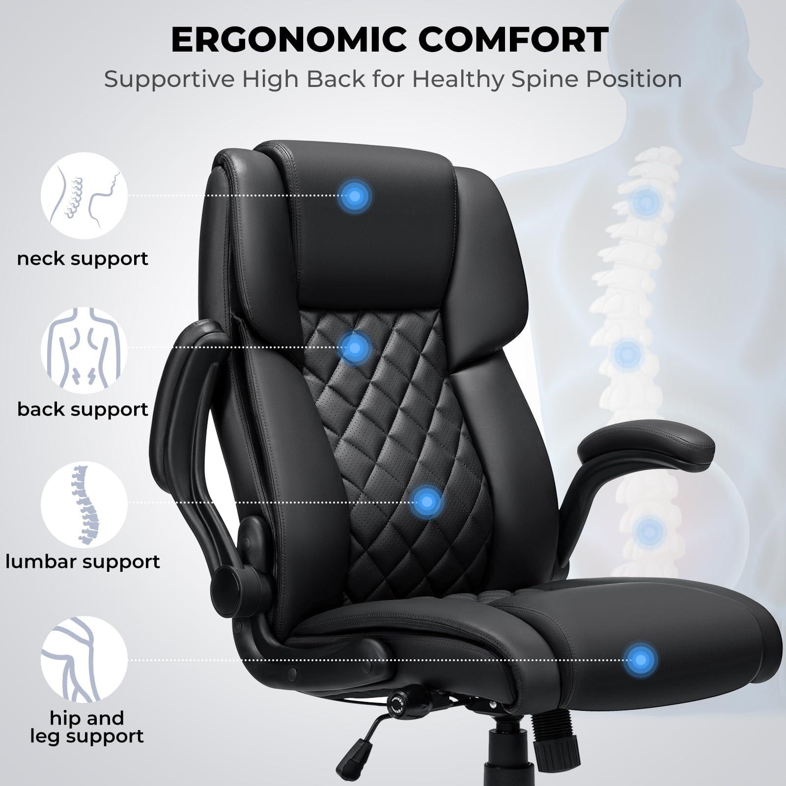 Big and Tall Office Chair 450lbs Heavy Duty Ergonomic Executive Desk Chair with Adjustable Lumbar Support High Back Home Computer Leather Chair with Padded Flip-up Arms for Heavy People Black - Image 7
