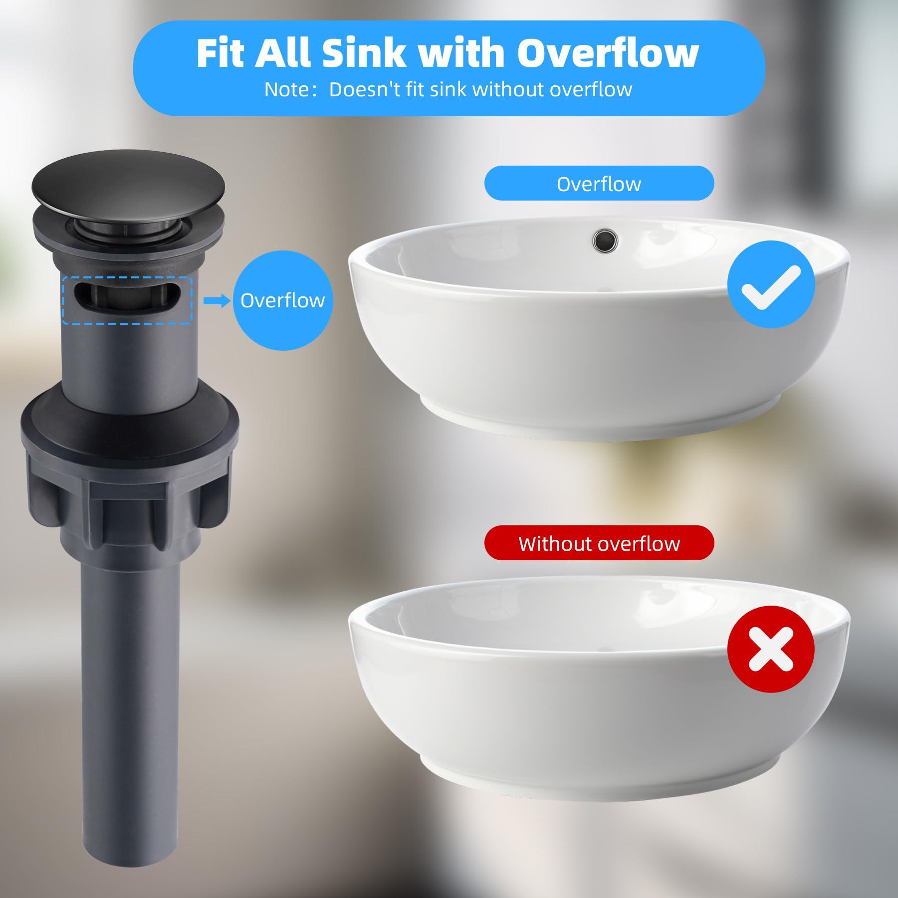 Hibbent 2 Pack Universal Bathroom Sink Drain Stopper, Pop Up Drain Strainer with Overflow, Push and Seal Sink Plug with Basket for Lavatory Vanity Vessel, Anti-Clogging Strainer, Matte Black - Image 5