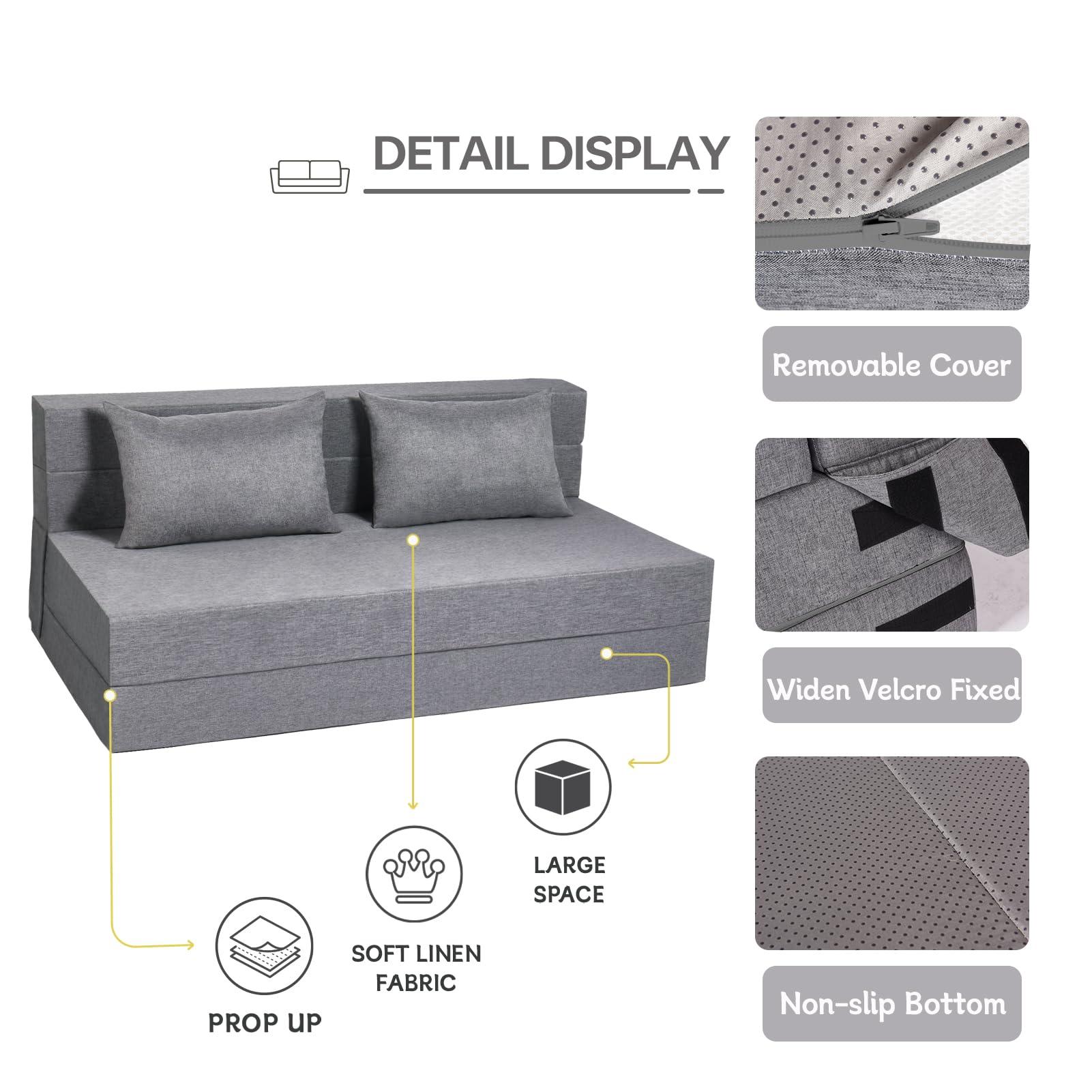 Fvkind Folding Sofa Bed, Foldable Bed Sleeper Chair with Pillow, Convertible Sofa Bed with Washable Cover, Fold Out Couch, Futon Couch for Living Room, Dorm, Guest Room, Queen Size, Light Grey - Image 4