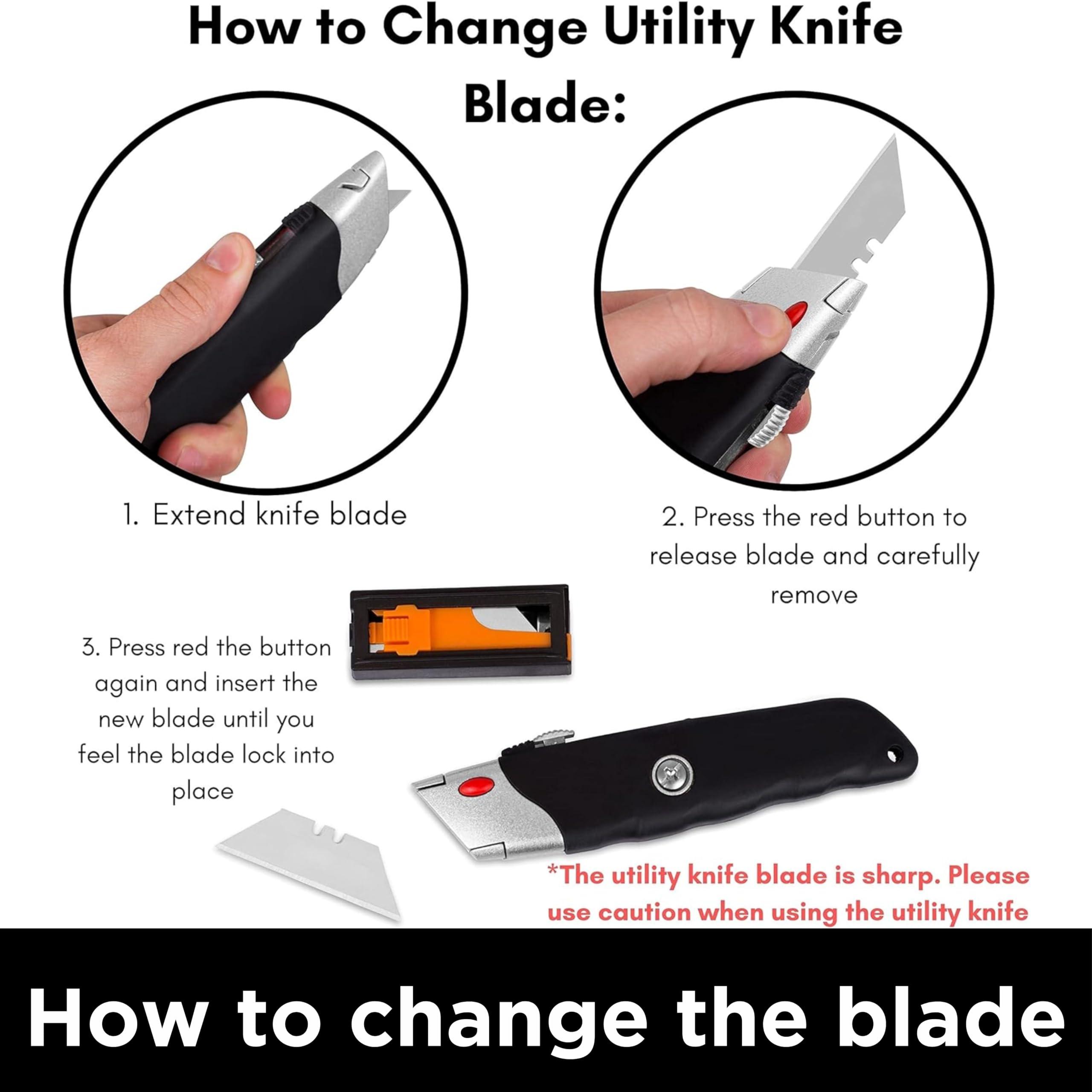 INTERNET'S BEST Premium Utility Knife Set | Retractable Box Cutter with Rubber Handle | Heavy-Duty Cutting for Cardboard, Carpet, Plastic | Retractable Blade | Includes 2 Razor Knives & Extra Blades - Image 8