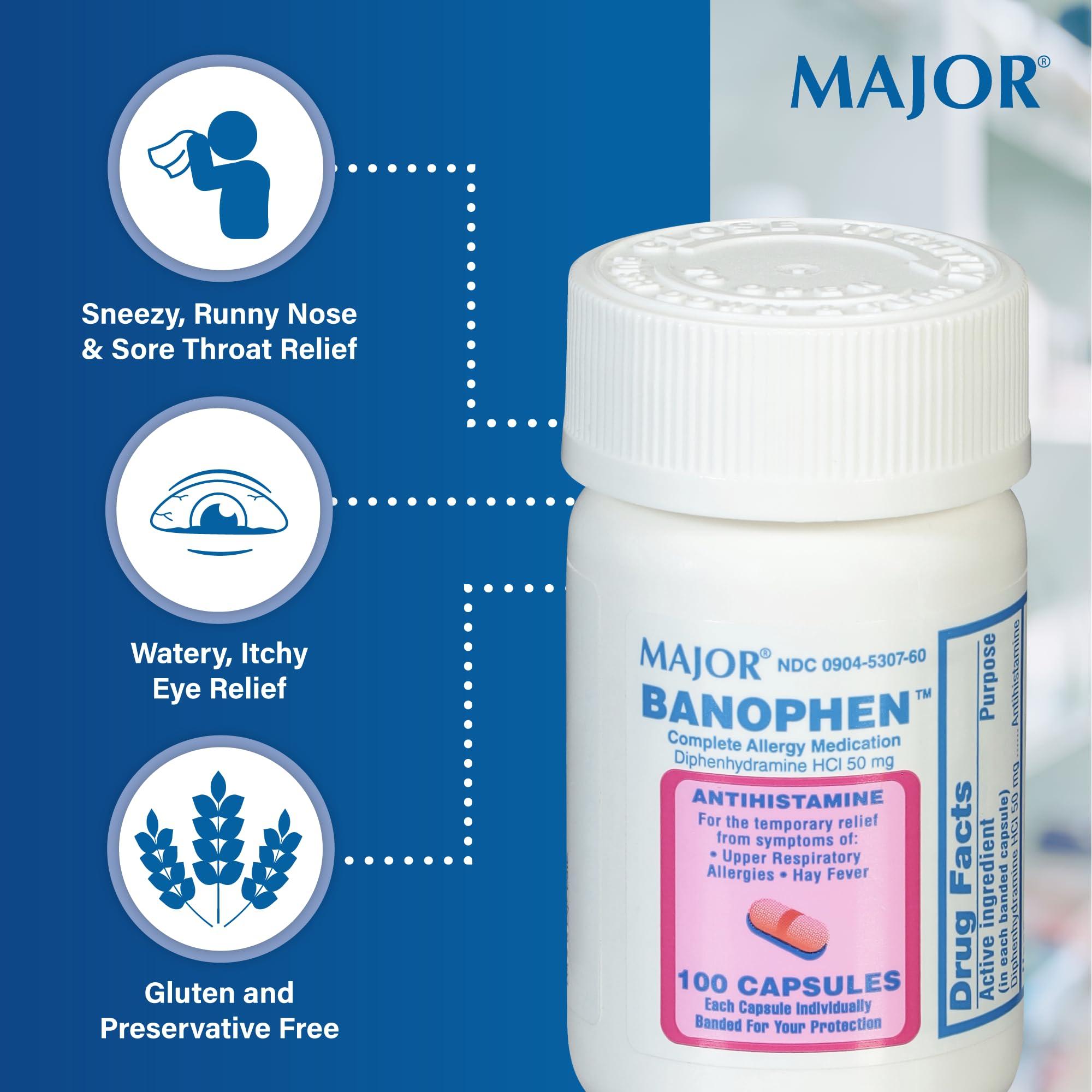 MAJOR Banophen Diphenhydramine HCI 25 mg Capsules - Temporarily Relief from The Symptoms of Hay Fever and Upper Respiratory Allergies - Antihistamine - Allergy Medicine - 100 Count (1 Pack) - Image 3