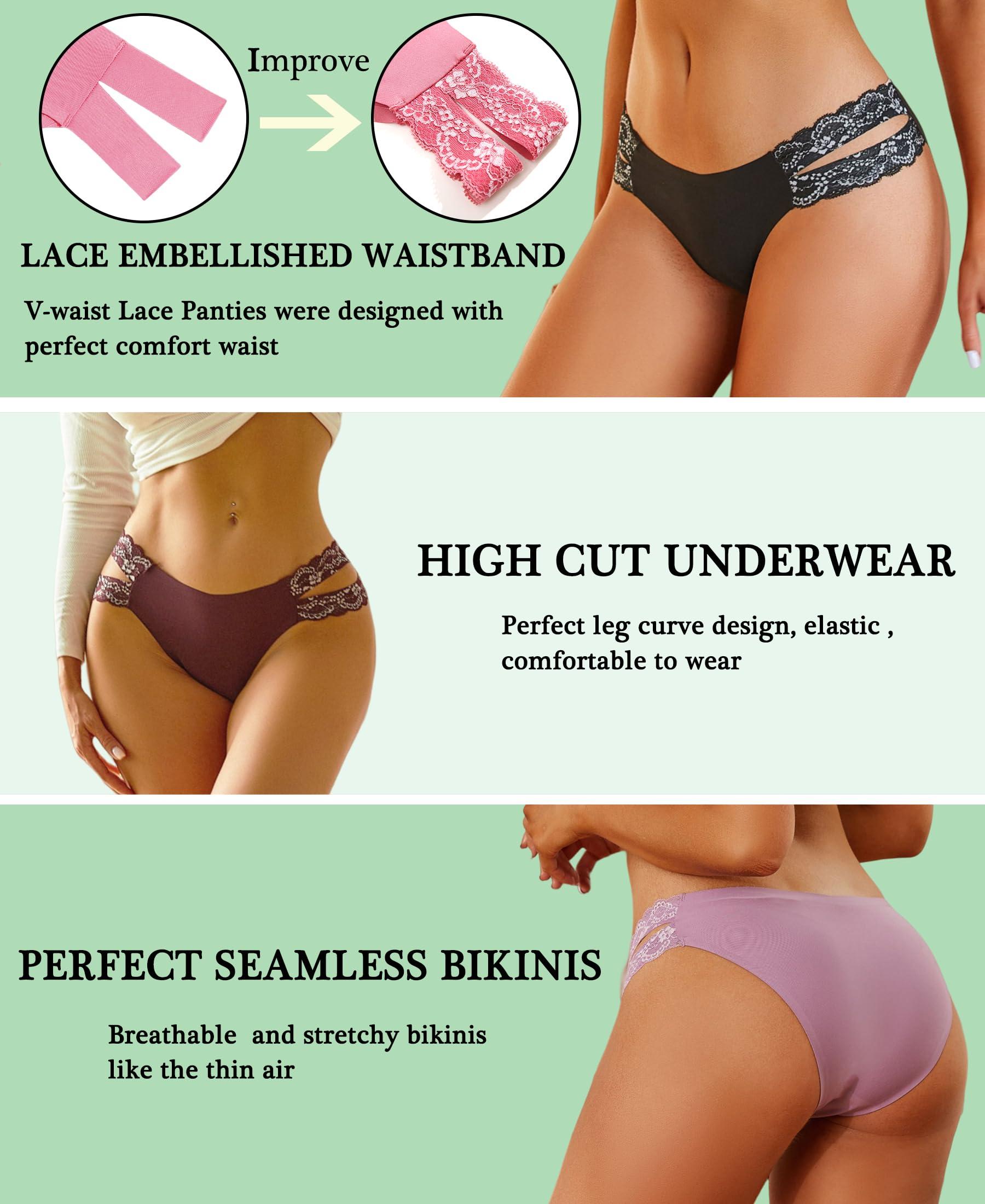 FINETOO Seamless Underwear for Women Cheeky Bikini Panties High Cut V-waist Lace Underwear Women Cute Bikinis 6 Pack - Image 4