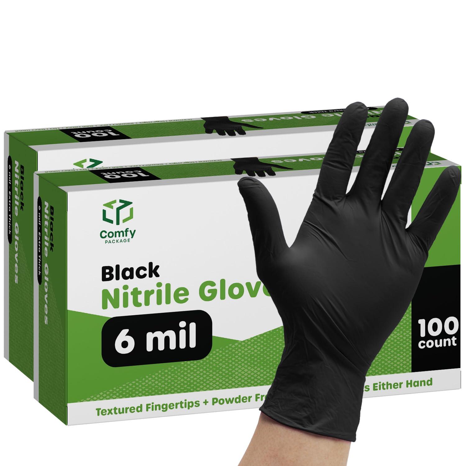 Comfy Package Black Nitrile HEAVY DUTY 6 Mil. Chemical Resistance, Latex & Powder Free, Textured Fingertips Disposable Gloves