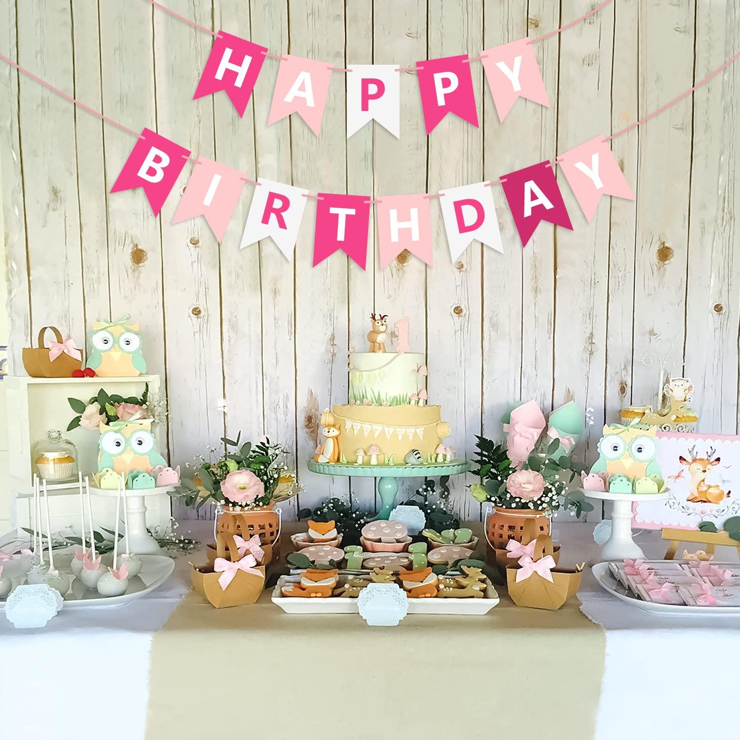 Waenerec Pink Happy Birthday Banner Sign Happy Birthday Bunting Banner Garland for Kids Girls Baby 1st Birthday Tea Party Decorations Bunting Flag Birthday Party Supplies - Image 7