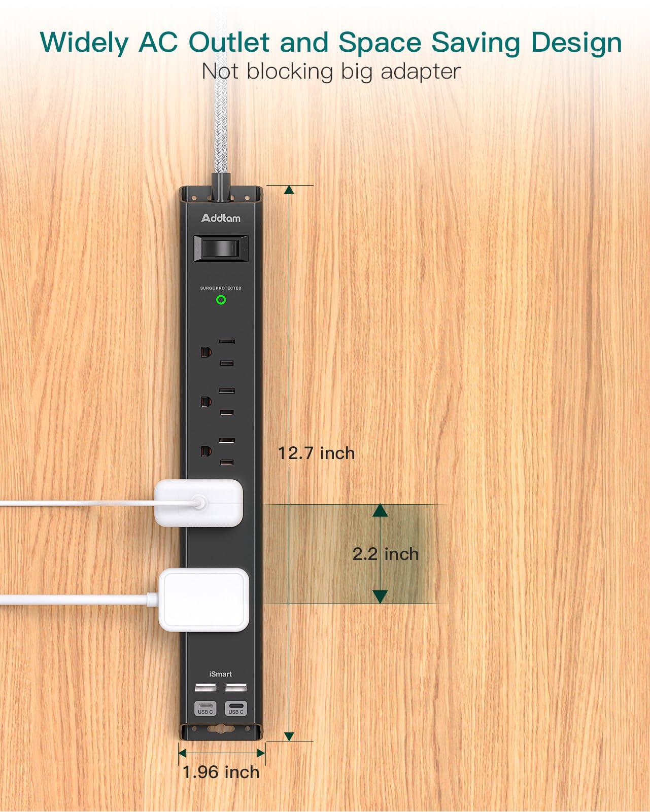 2 Pack Power Strip Surge Protector - 6Ft Extension Cord with 5 Widely Outlets 4 USB (2 USB C) Port, 1875W/15A, Wall Mount, Flat Plug, Desk Charging Station for Home Office College Dorm Room Essentials - Image 7