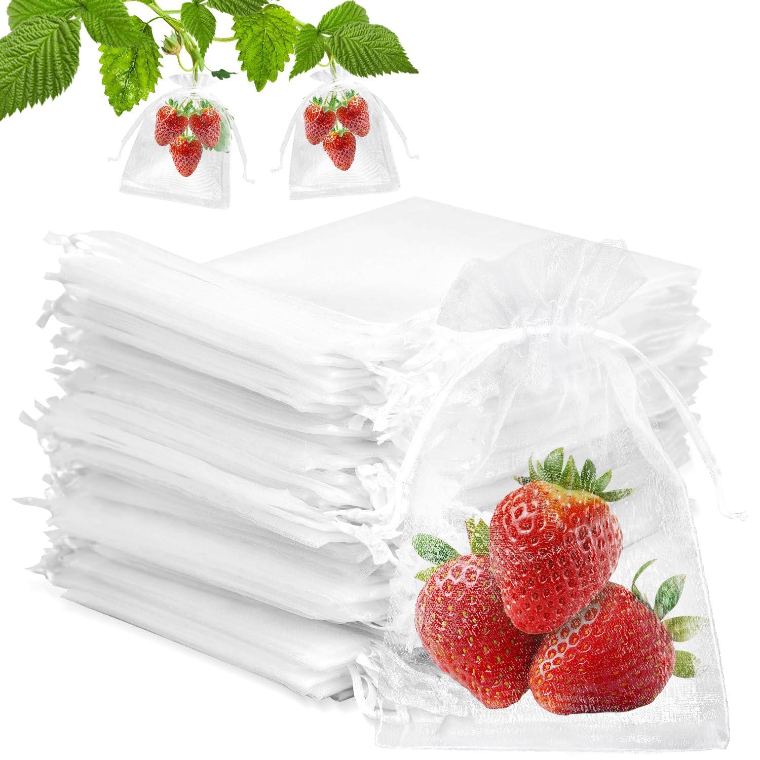 100Pcs Fruit Protection Bags, 4x6 Inch White Fruit Bags for Fruit Trees with Drawstring, Reusable Mesh Fruit Netting Cover Bags for Tomatoes, Strawberry, Vegetable