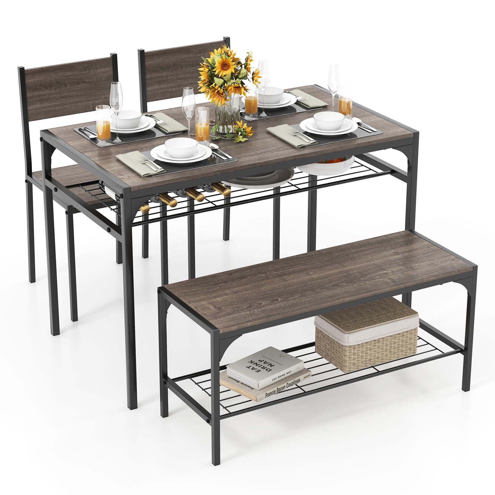 Tangkula Dining Table Set for 4, Kitchen Table and 2 Chairs for 4 with Bench, Additonal Storage Rack, 4 Piece Dining Table Set for Small Space, Apartment