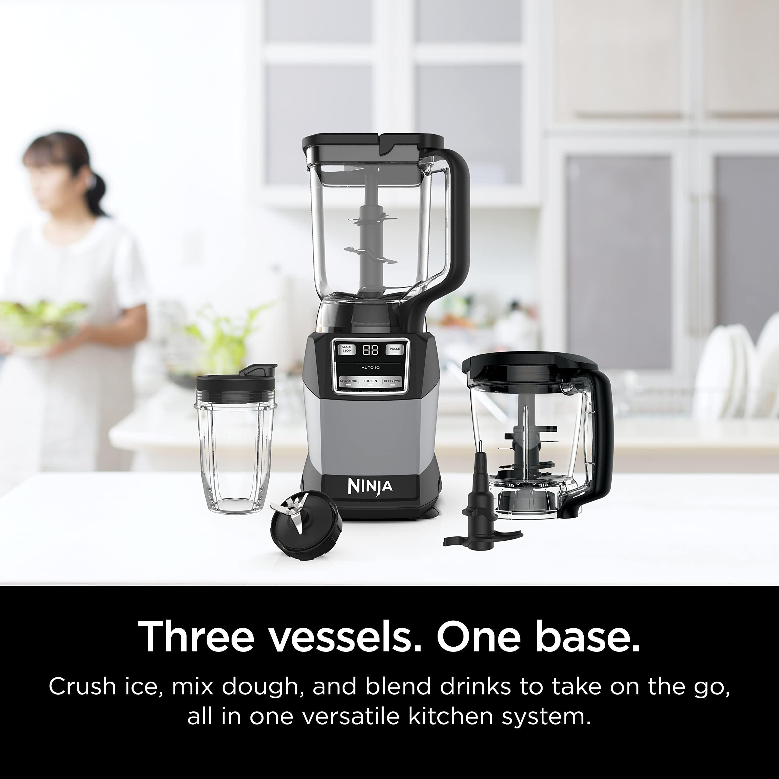 Ninja Blender, Compact Kitchen System, 1200W, 3 Functions for Smoothies, Dough & Frozen Drinks with Auto-IQ, 72-oz.* Blender Pitcher, 40-oz. Processor Bowl & 18-oz. Single-Serve Cup, Grey, AMZ493BRN - Image 2