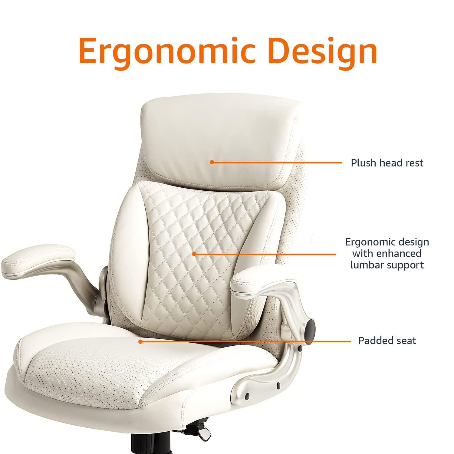 Amazon Basics Ergonomic Executive Office Desk Chair with Lumbar Support, Flip-up Armrests, Adjustable Height, Cream Leather - Image 5