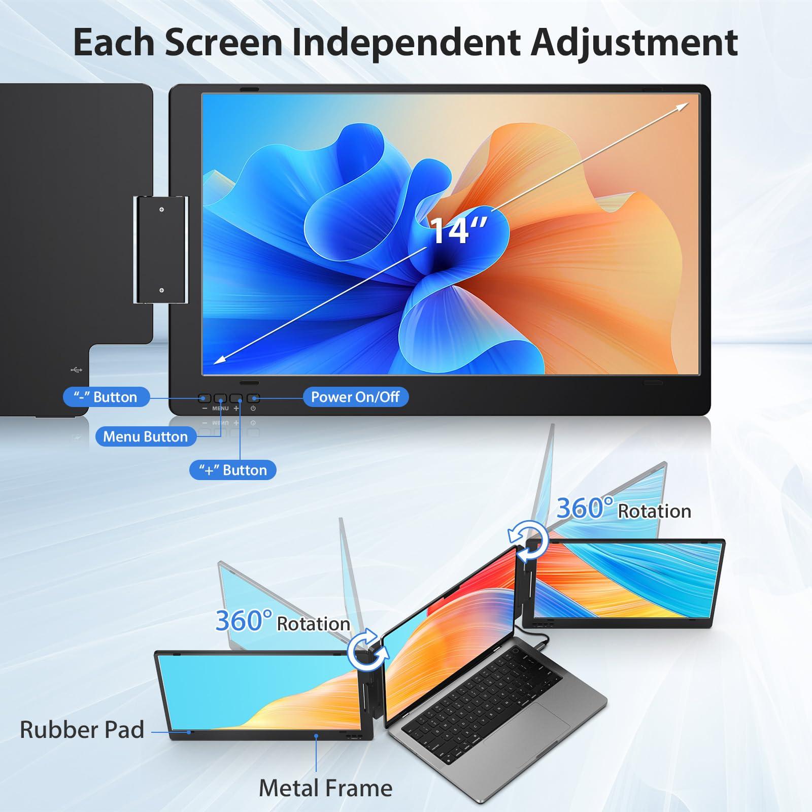 KYY Portable Monitor for Laptop, 14'' FHD 1080P USB-C Triple Laptop Screen Extender, Travel Monitor for Computer, Dual Screen for 12"-16" Laptop, X90A (Mac, Wins, Android) - Image 5