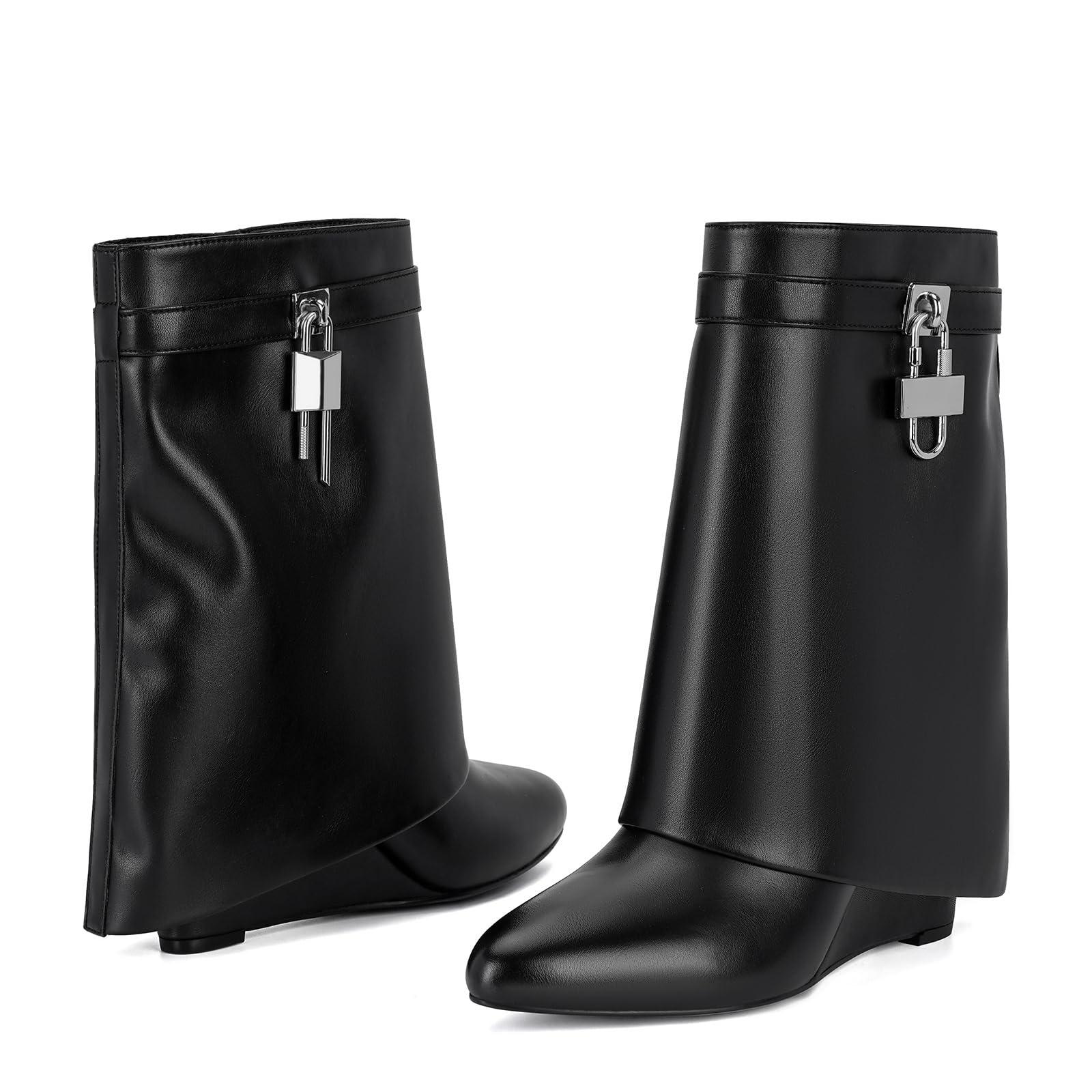 CORNMOOD Women Fold Over Wide Mid-calf Boots Platform Wedge Heel Round Toe Faux Leather Pull On Shark Booties with Padlock Short Boots - Image 3