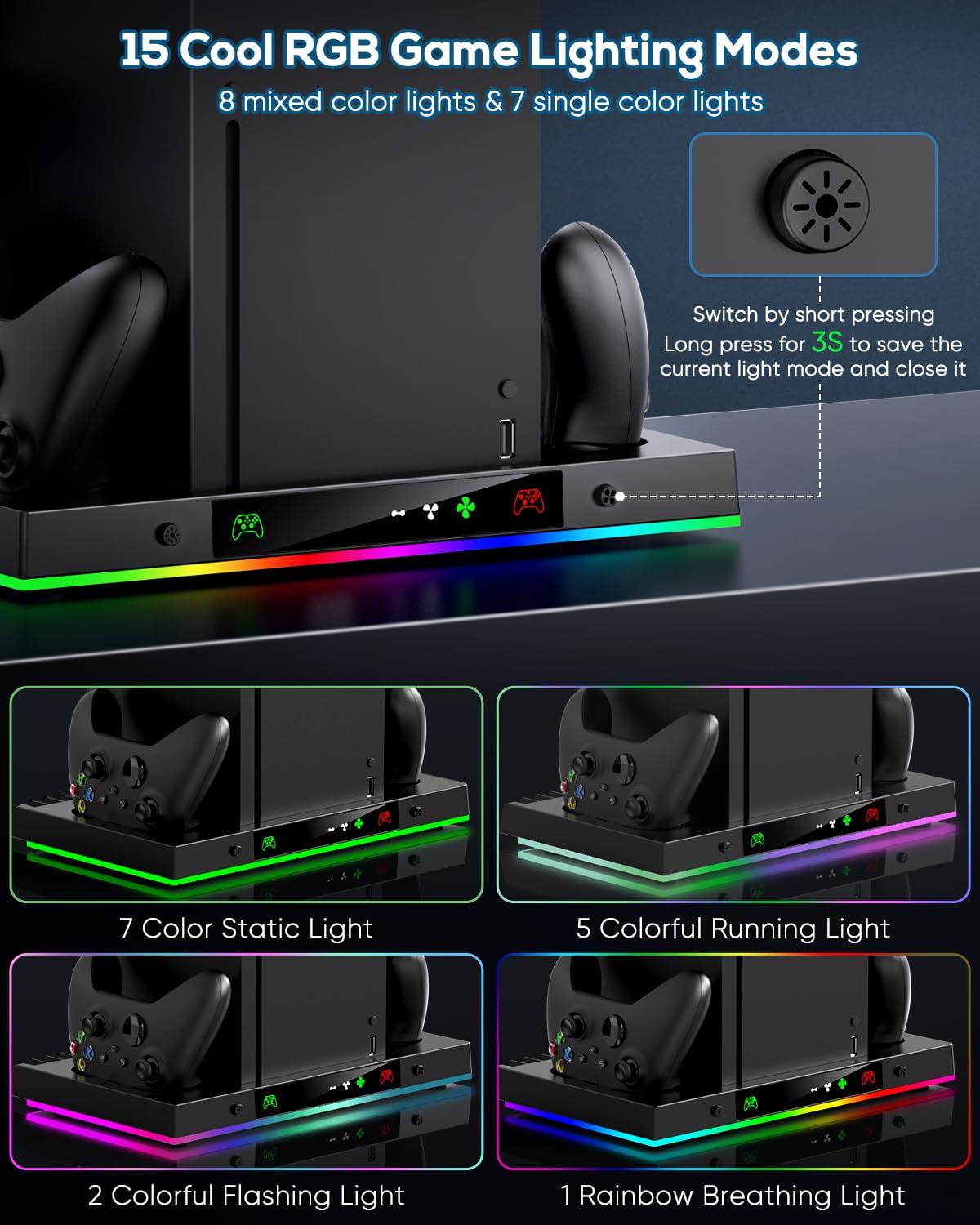 Upgrade Cooling Fan&Dual Charging Stand for Xbox Series X Console&Controller,Cooler Charger Station System for XSX with 15 RGB Light, 2x1400mAh Rechargeable Battery,Disc Accessories Storage (Black) - Image 3