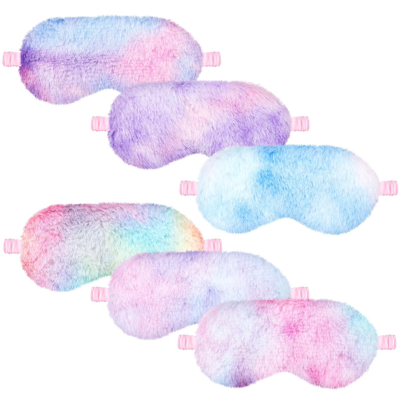 Cuffbow 6 Pcs Plush Sleep Eye Mask Silk Furry Eye Covers for Sleeping Cute Sleep Mask Fluffy Comfortable Sleeping Blindfold for Travel Sleepover Nap Party Supply Girls Women, Rainbow Color