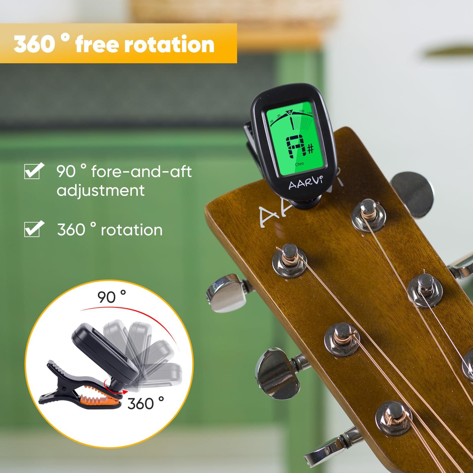 AARVI Clip On Guitar Tuner for All Instruments, Acoustic/Electric Guitar, Ukulele, Bass, Violin, Banjo, Large Clear LCD Display for Guitar Tuning, Chromatic Tuner, 4 Pack Guitar Picks Included - Image 5
