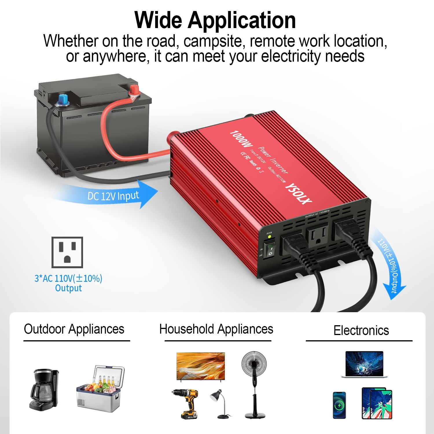 YSOLX 1000W Power Inverter 12v to 110v, DC to AC Converter with 3 AC Outlet, 1000 Watt Inverter for 12v Truck/Rv/Camping/Home/Emergency Power - Image 2