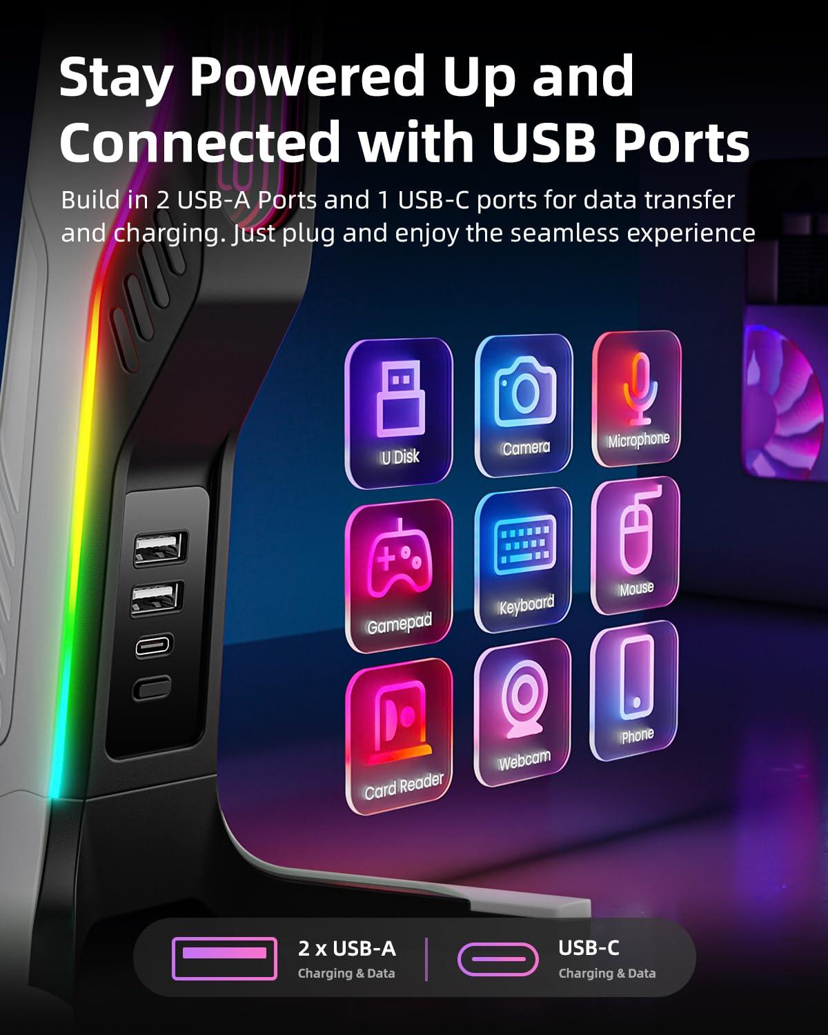 IFYOO RGB Gaming Headset Stand with 2 USB and 1 Type-C Ports, Game Headphone Mount for PC Computer, Xbox One, Xbox Series S/X, PS5, PS4, Earphone Holder Hanger, Desk Gamer Accessories, Black&White - Image 5